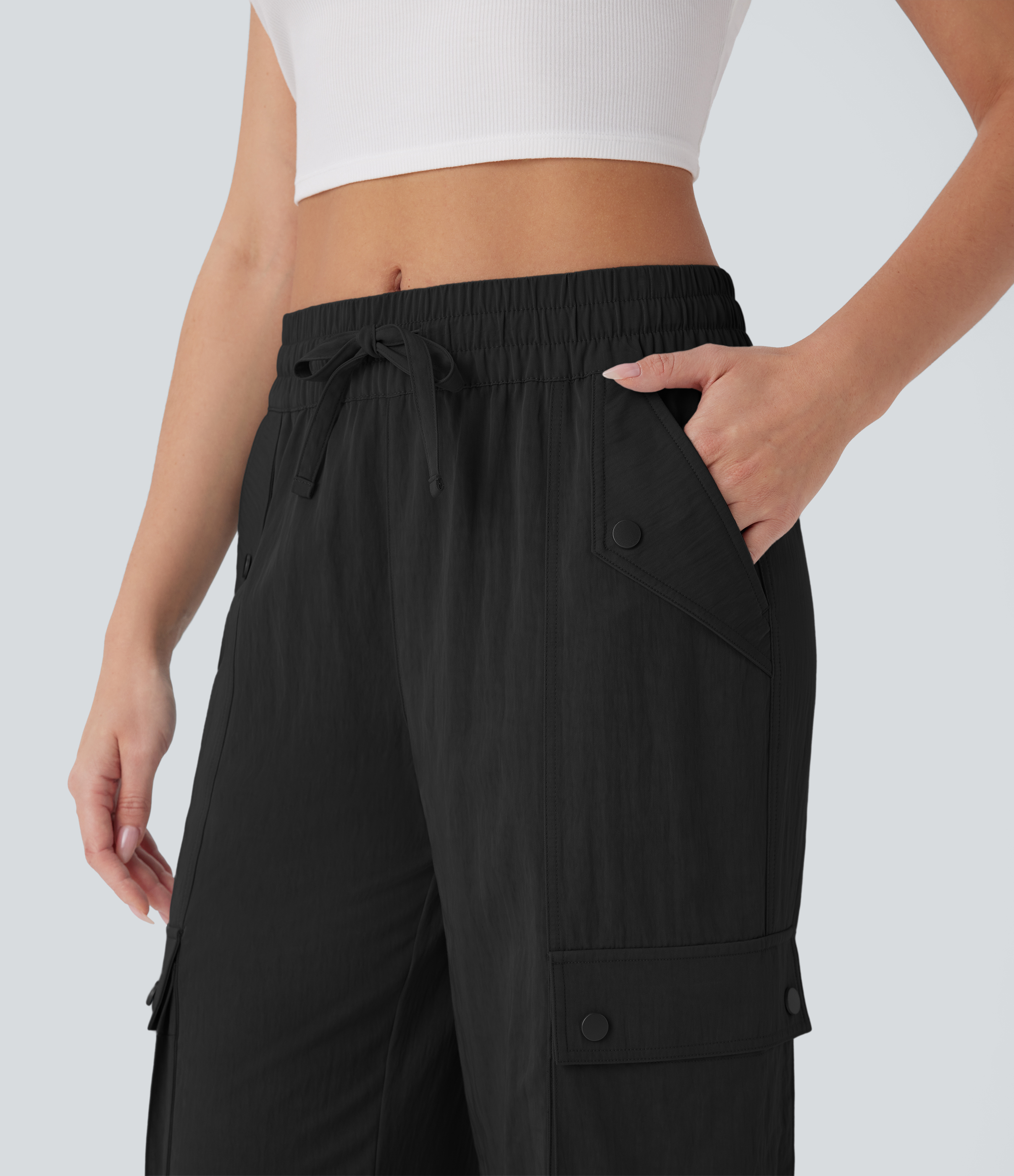 Halara Mid Rise Multiple Pockets Drawstring Hem Cargo Casual Pants  - Black - S(regular) 