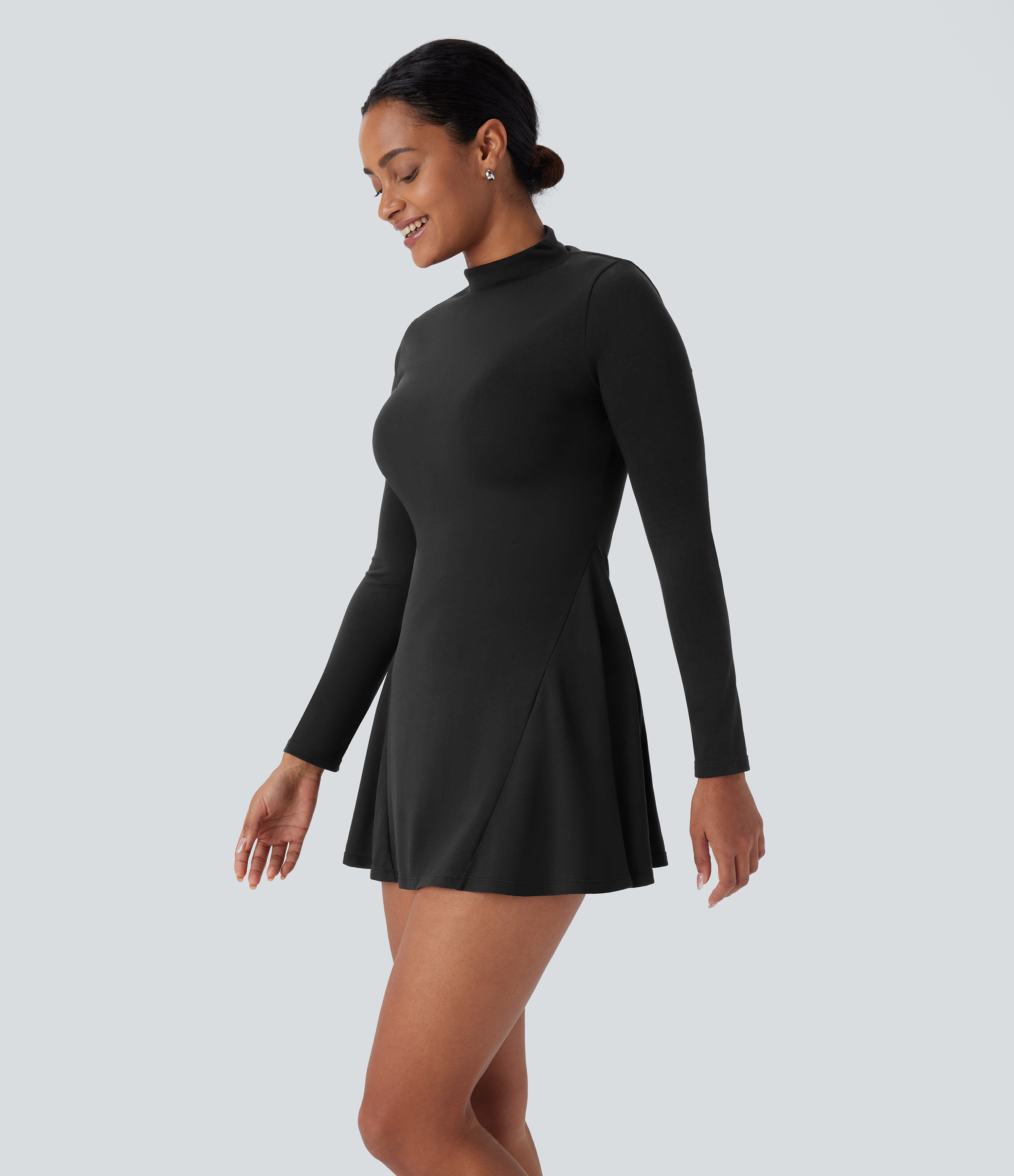 Halara Stand Collar Long Sleeve 2-Piece Set Side Pocket Mini Casual Dress Casual Dress - Black - S slip dress beach dress ruched dress 