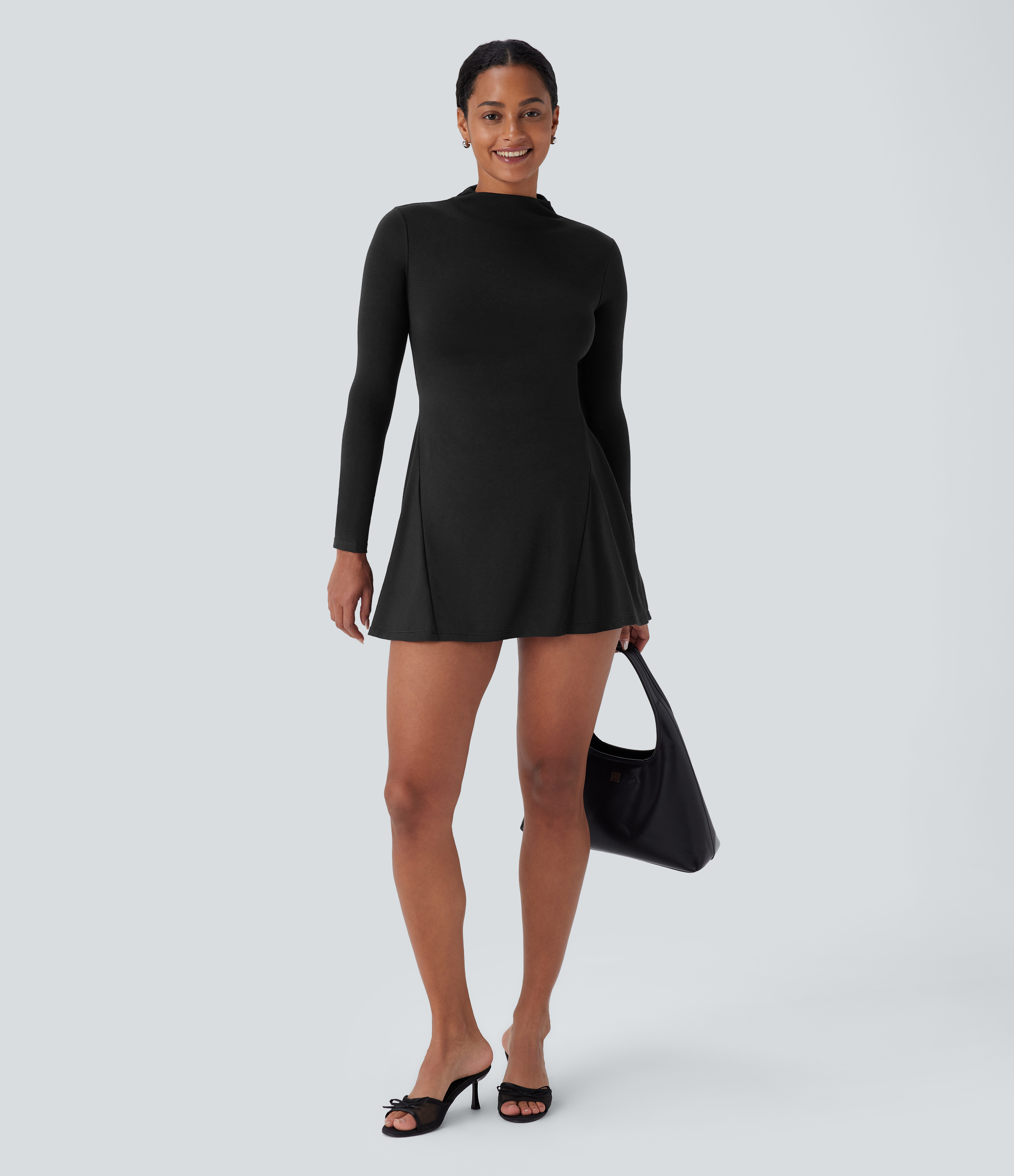 Halara Stand Collar Long Sleeve 2-Piece Set Side Pocket Mini Casual Dress Casual Dress - Black - S slip dress beach dress ruched dress 