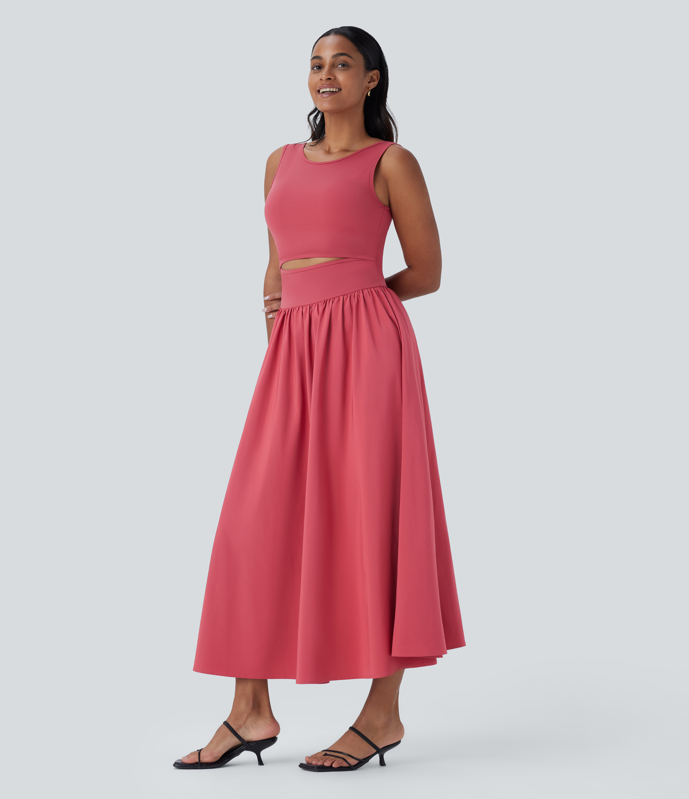 Halara Breezefulв„ў Sleeveless Cut Out Quick Dry Maxi Casual Dress-Front and Back Wearable Casual Dress - Kapok Red - S slip dress beach dress 