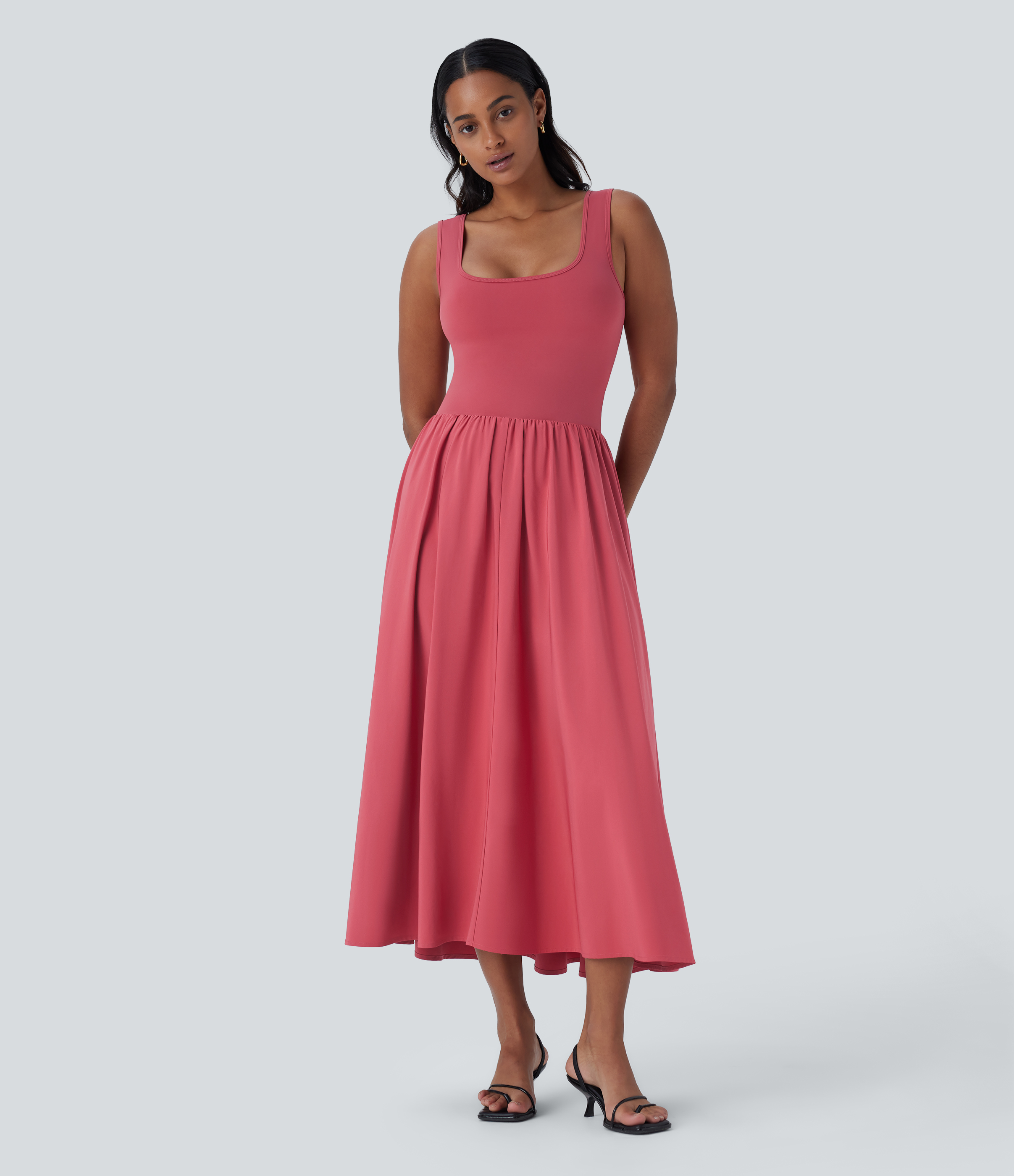 Halara Breezefulв„ў Sleeveless Cut Out Quick Dry Maxi Casual Dress-Front and Back Wearable Casual Dress - Kapok Red - S slip dress beach dress 