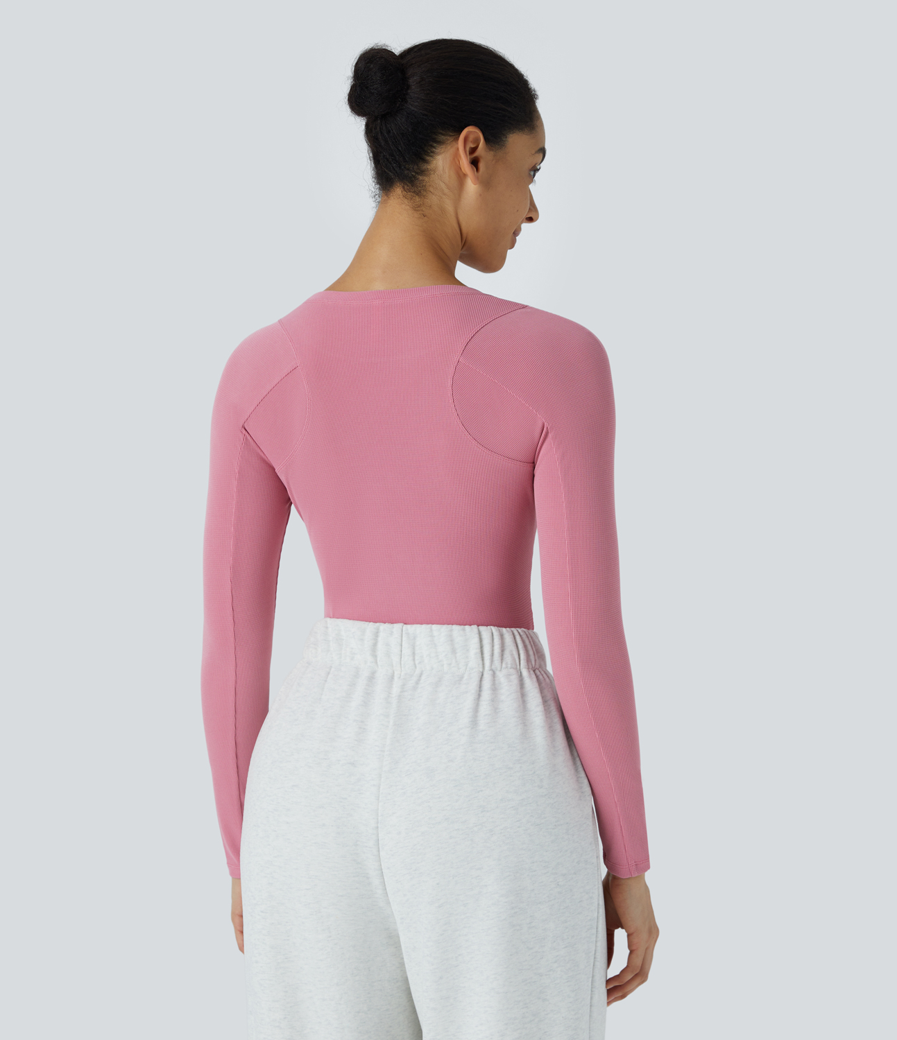 Halara Round Neck Long Sleeve Curved Hem Waffle Casual Top Tank Top - Rouge Pink - M golf tops halter top tunic tops sleeveless tops 