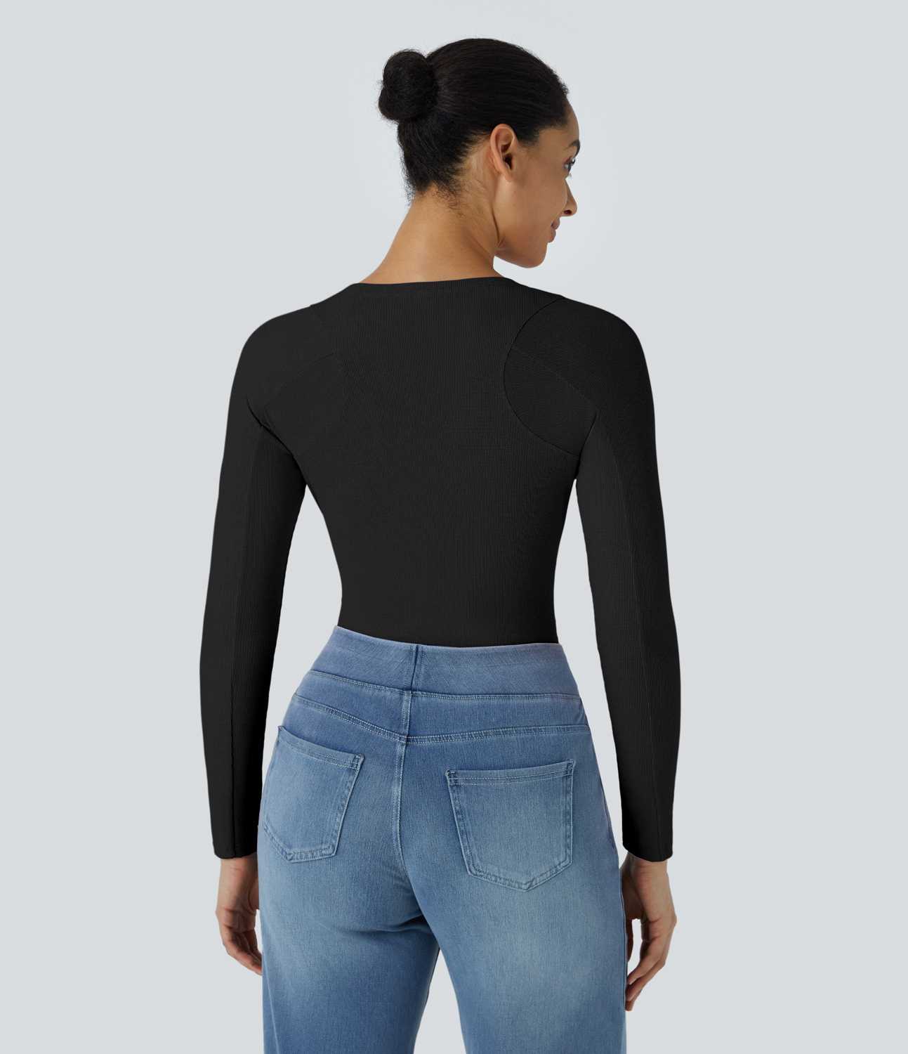Halara Round Neck Long Sleeve Curved Hem Waffle Casual Top Tank Top - Black - XL golf tops halter top tunic tops sleeveless tops backless top 