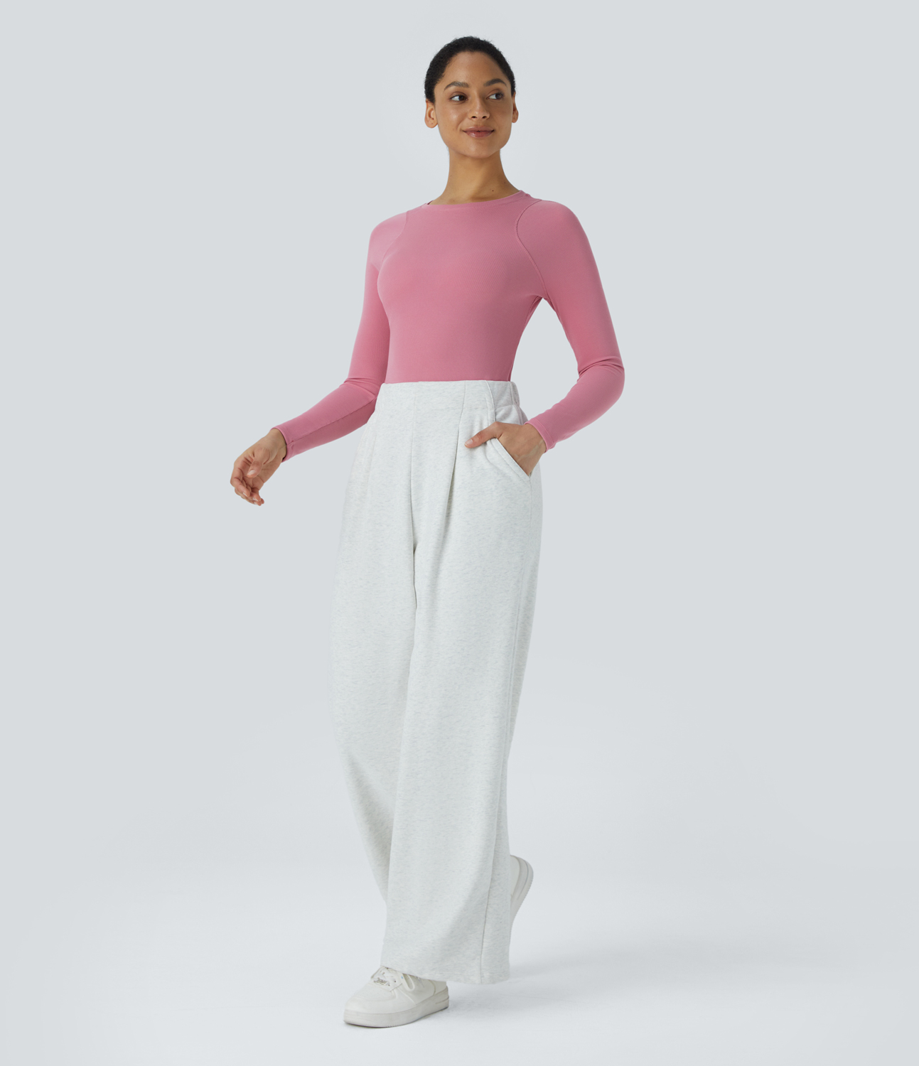 Halara Round Neck Long Sleeve Curved Hem Waffle Casual Top Tank Top - Rouge Pink - M golf tops halter top tunic tops sleeveless tops 