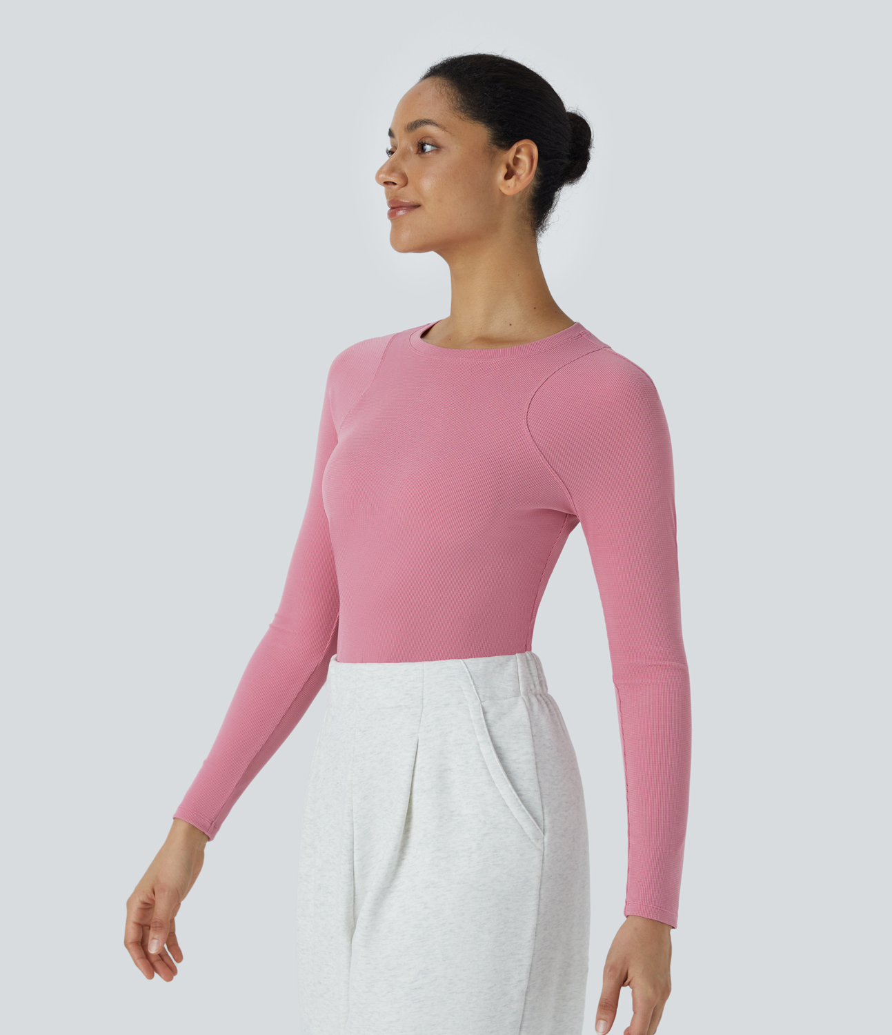 Halara Round Neck Long Sleeve Curved Hem Waffle Casual Top Tank Top - Rouge Pink - M golf tops halter top tunic tops sleeveless tops 