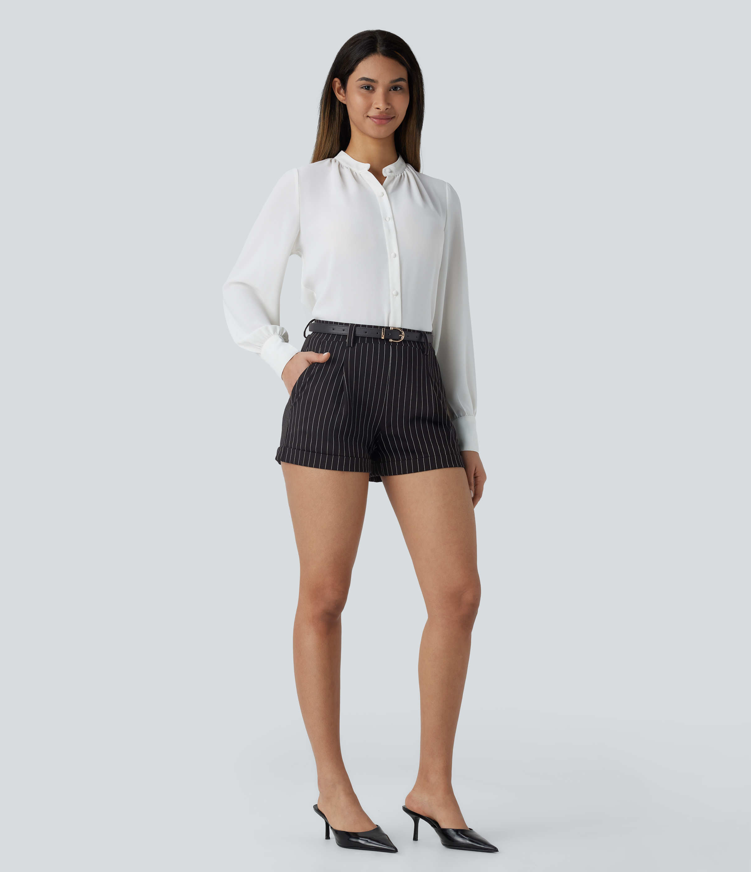 Halara High Waisted Side Pocket Cool Touch Stripe Work Shorts 3``  - Black White Pinstripe - M 