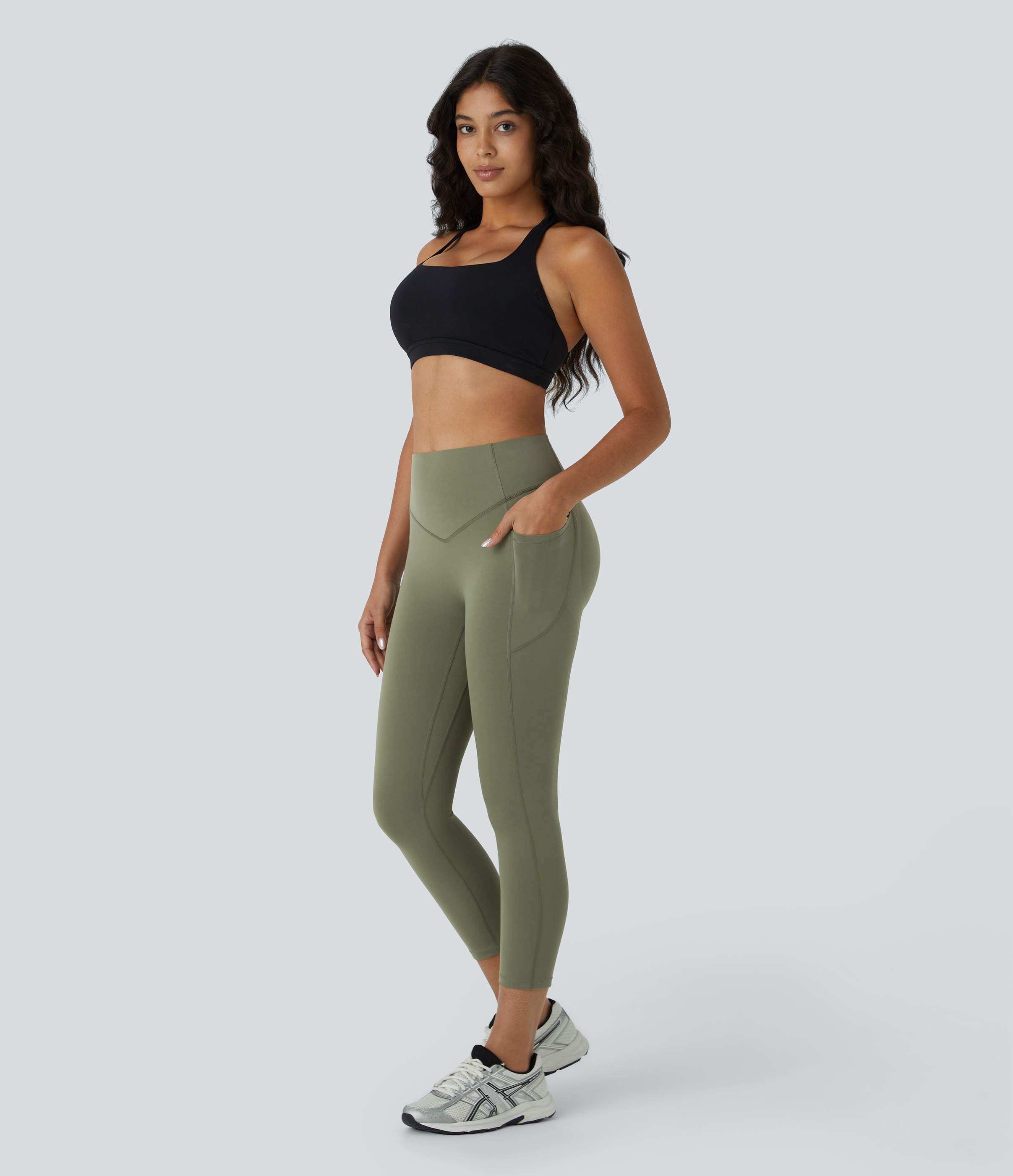 Halara SoCinched High Waisted Butt Lifting Tummy Control Side Pocket Shaping Capri Training UltraSculpt Leggings  - Grass Grey Green - S 