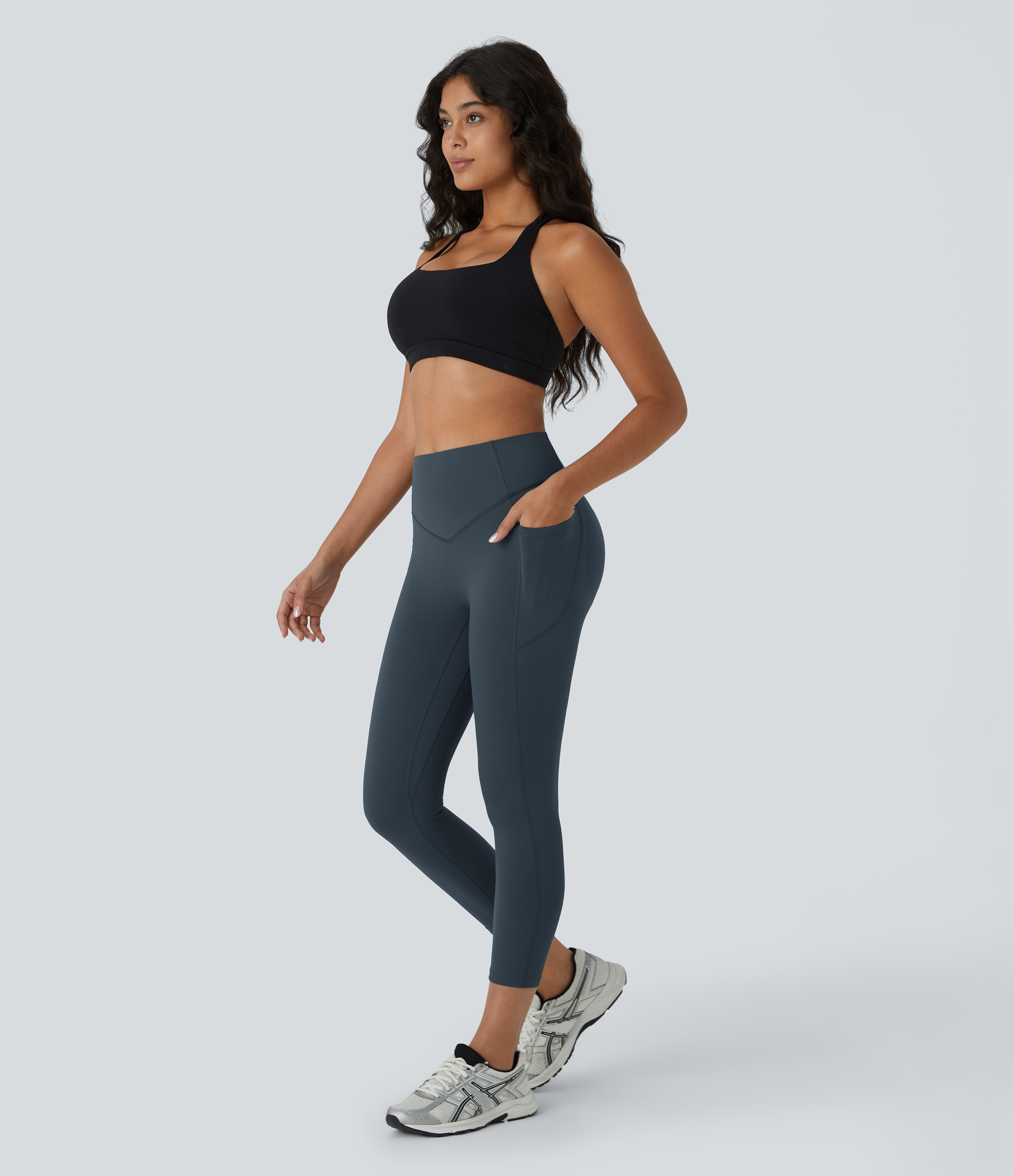 Halara SoCinched High Waisted Butt Lifting Tummy Control Side Pocket Shaping Capri Training UltraSculpt Leggings  - Carbon - XS gym leggings 
