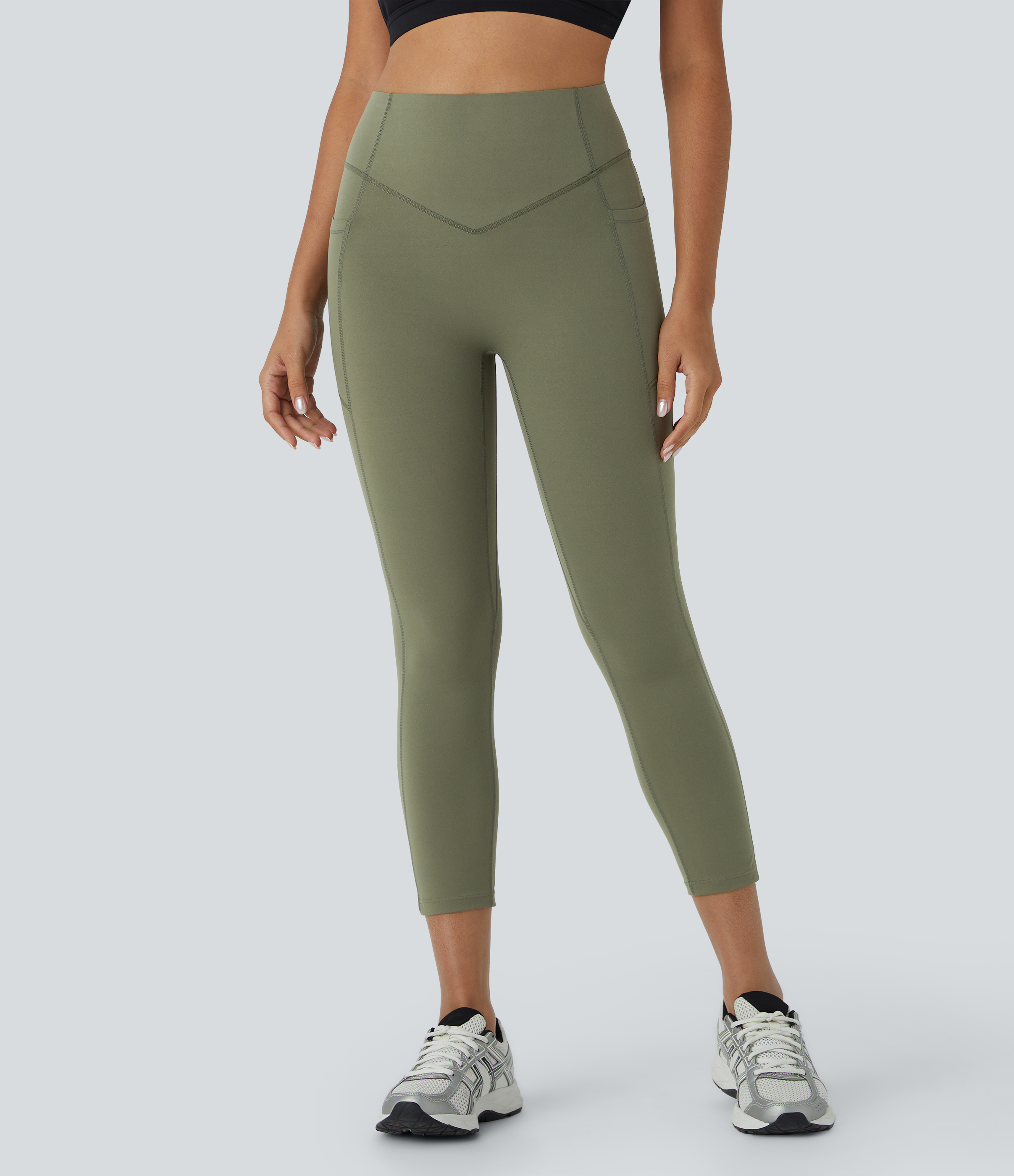 Halara SoCinched High Waisted Butt Lifting Tummy Control Side Pocket Shaping Capri Training UltraSculpt Leggings  - Grass Grey Green - S 