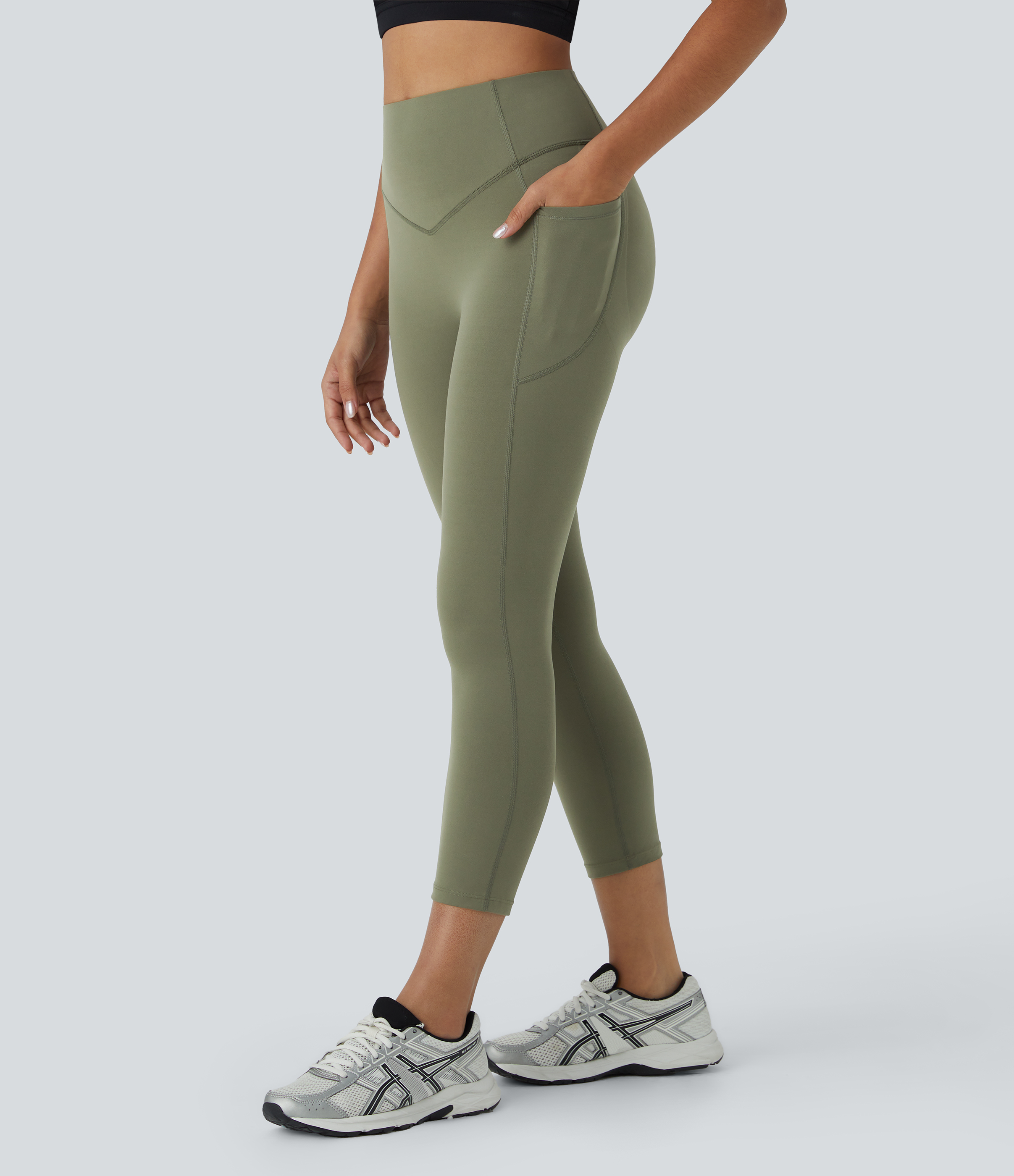Halara SoCinched High Waisted Butt Lifting Tummy Control Side Pocket Shaping Capri Training UltraSculpt Leggings  - Grass Grey Green - S 