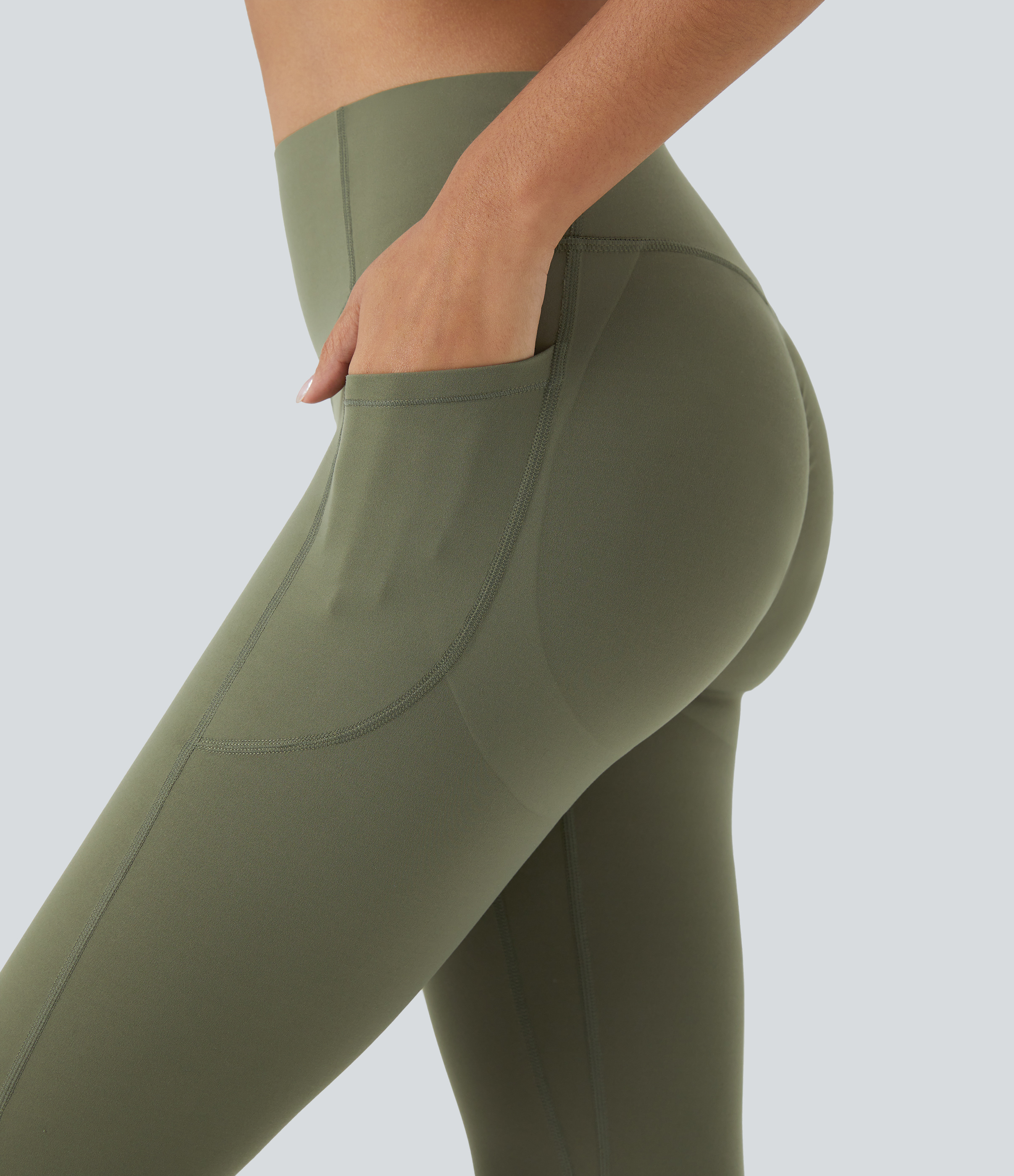 Halara SoCinched High Waisted Butt Lifting Tummy Control Side Pocket Shaping Capri Training UltraSculpt Leggings  - Grass Grey Green - S 