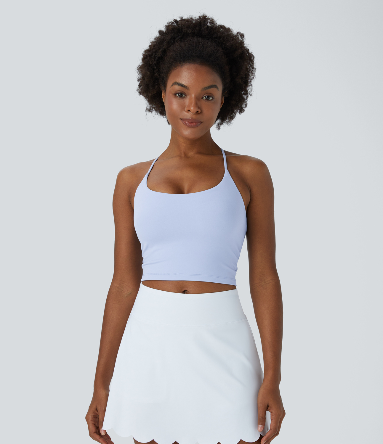 Halara Spaghetti Strap Backless Crisscross Lace Up Cropped Yoga Tank Top Tank Top - Ancient Water - S golf tops halter top tunic tops 