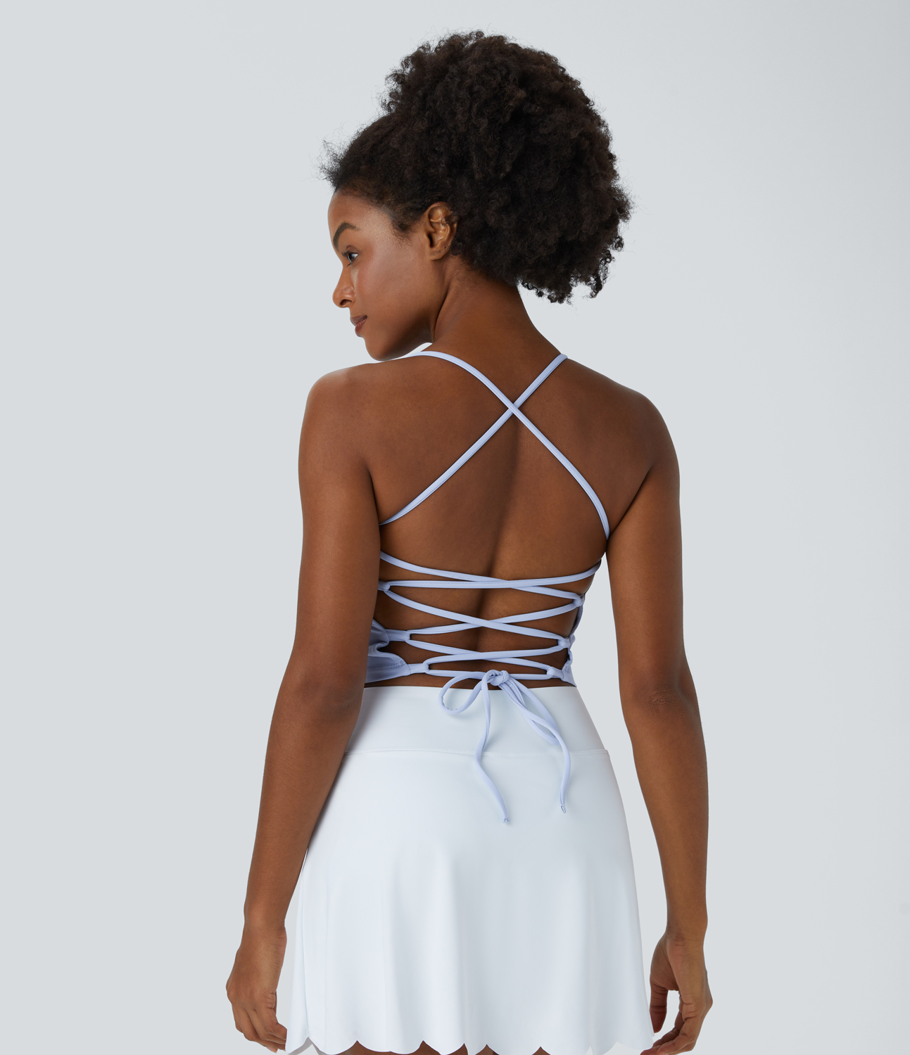 Halara Spaghetti Strap Backless Crisscross Lace Up Cropped Yoga Tank Top Tank Top - Ancient Water - S golf tops halter top tunic tops 