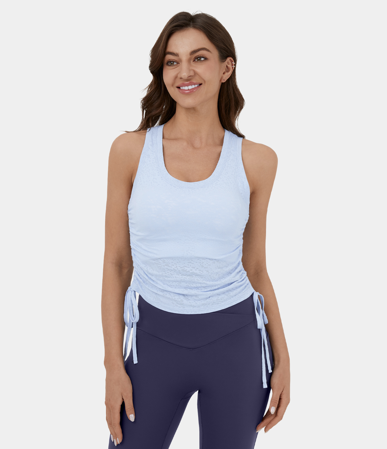 Halara U Neck Drawstring Ruched Jacquard Casual Tank Top Tank Top - Soft Blue - XL golf tops halter top tunic tops sleeveless tops 