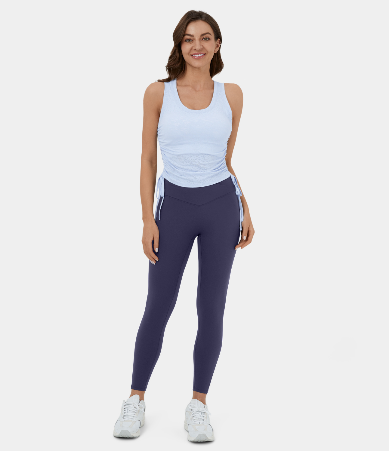 Halara U Neck Drawstring Ruched Jacquard Casual Tank Top Tank Top - Soft Blue - XL golf tops halter top tunic tops sleeveless tops 