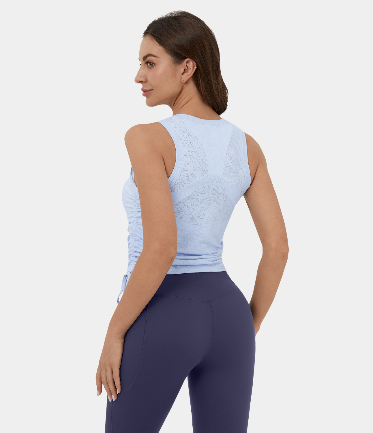 Halara U Neck Drawstring Ruched Jacquard Casual Tank Top Tank Top - Soft Blue - XL golf tops halter top tunic tops sleeveless tops 