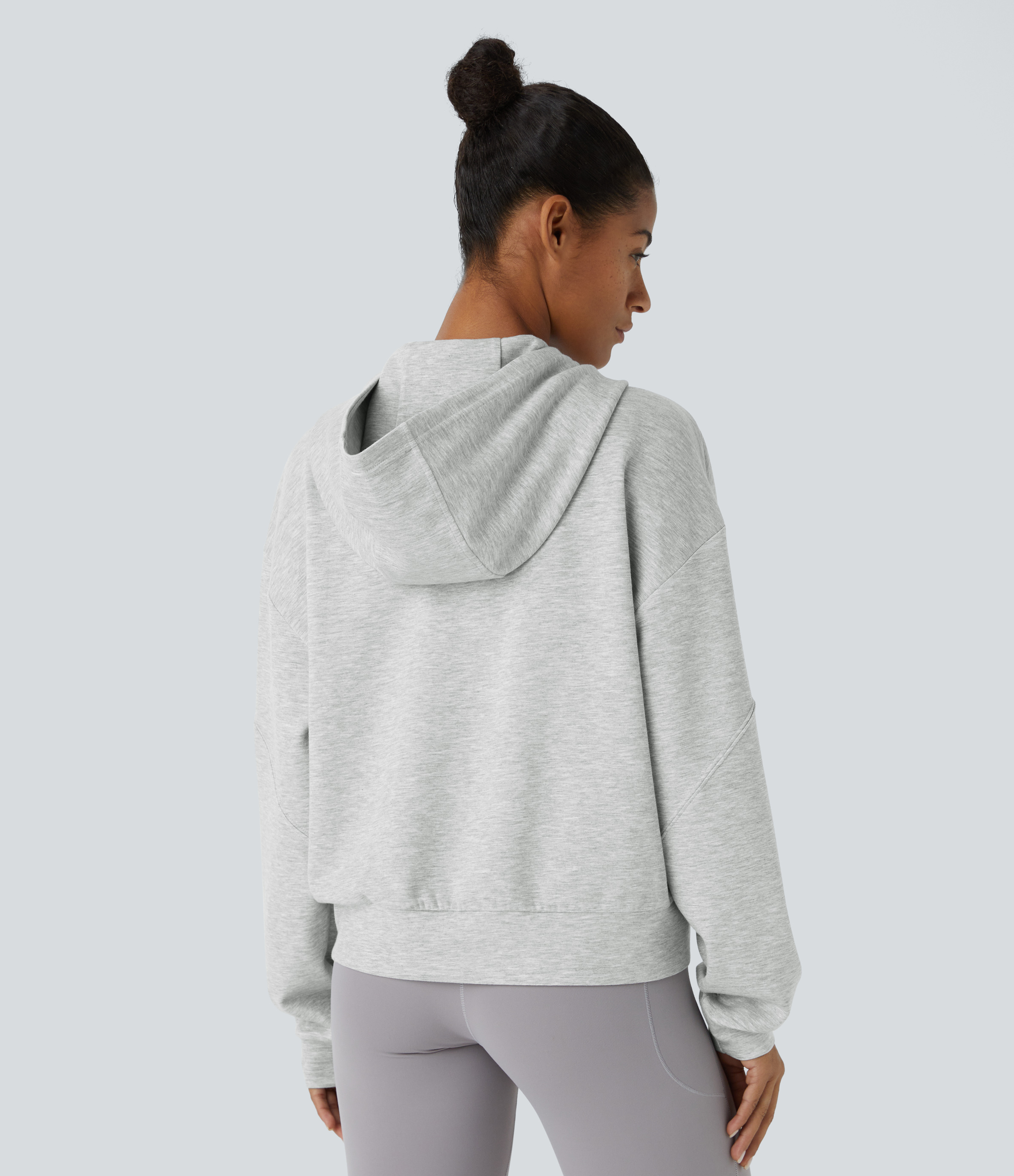 Halara Hooded Dropped Shoulder Long Sleeve Kangaroo Pocket Zipper Relaxed Yoga Sweatshirt  - Fog Gray - S 