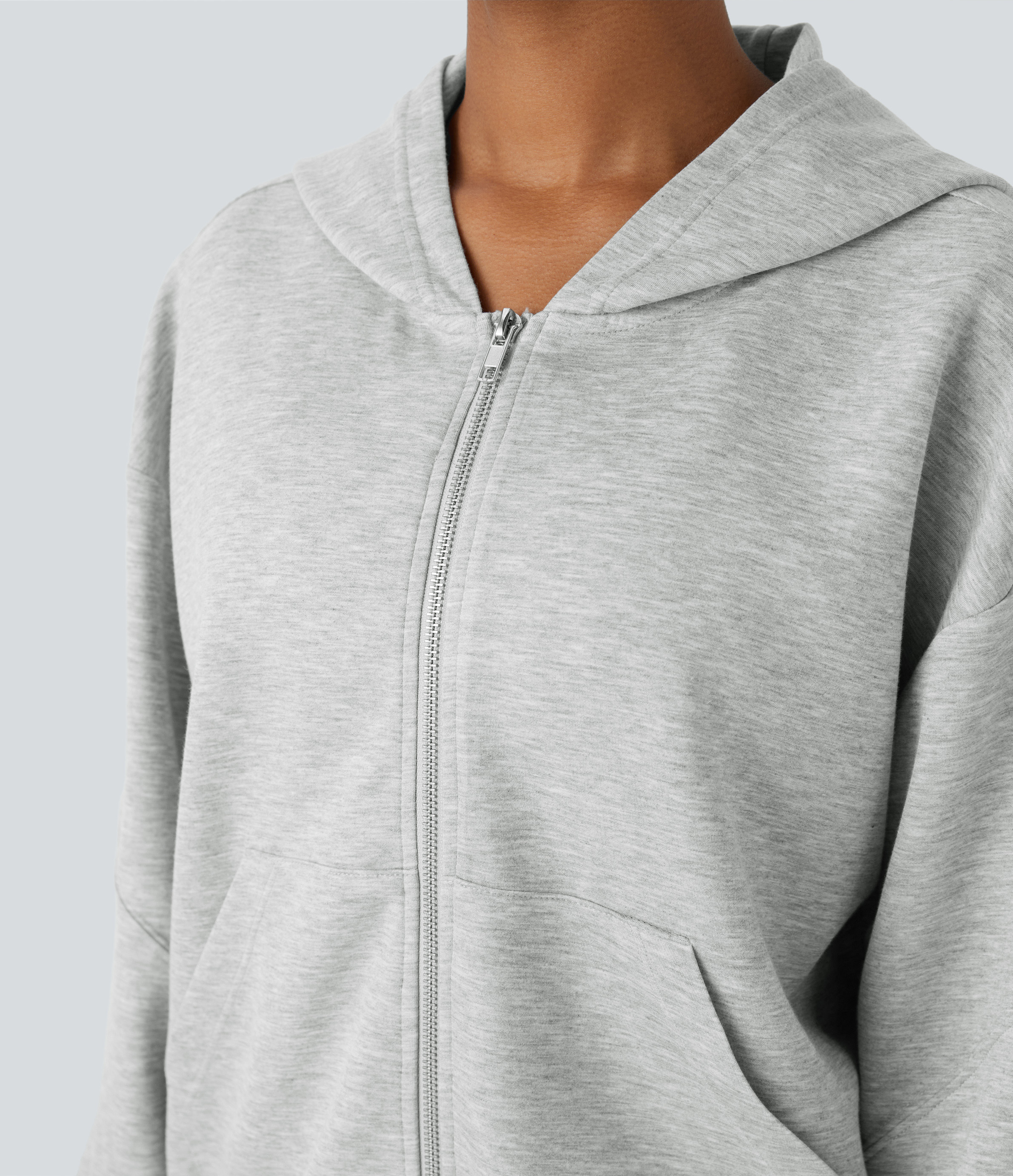 Halara Hooded Dropped Shoulder Long Sleeve Kangaroo Pocket Zipper Relaxed Yoga Sweatshirt  - Fog Gray - S 