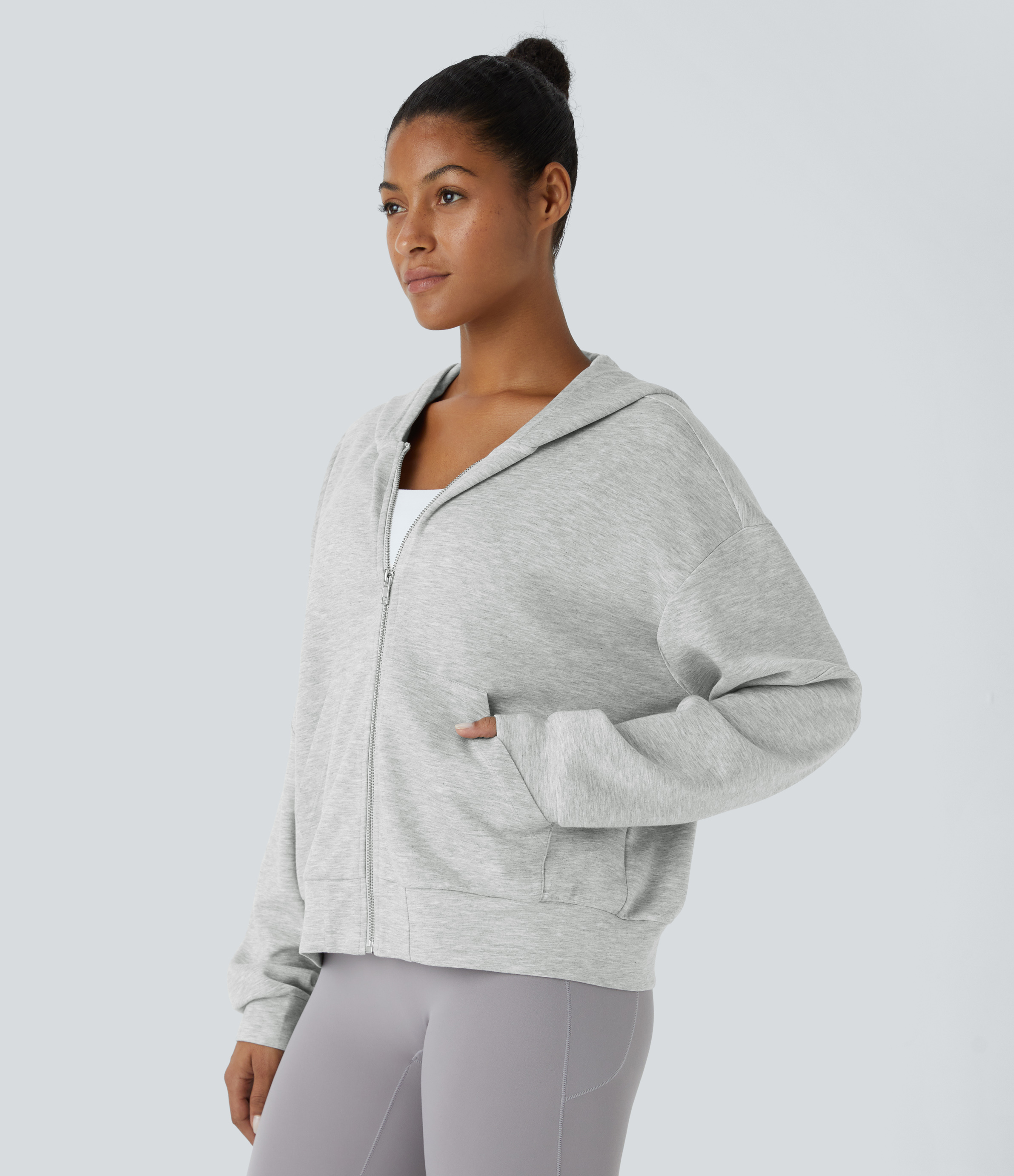 Halara Hooded Dropped Shoulder Long Sleeve Kangaroo Pocket Zipper Relaxed Yoga Sweatshirt  - Fog Gray - S 