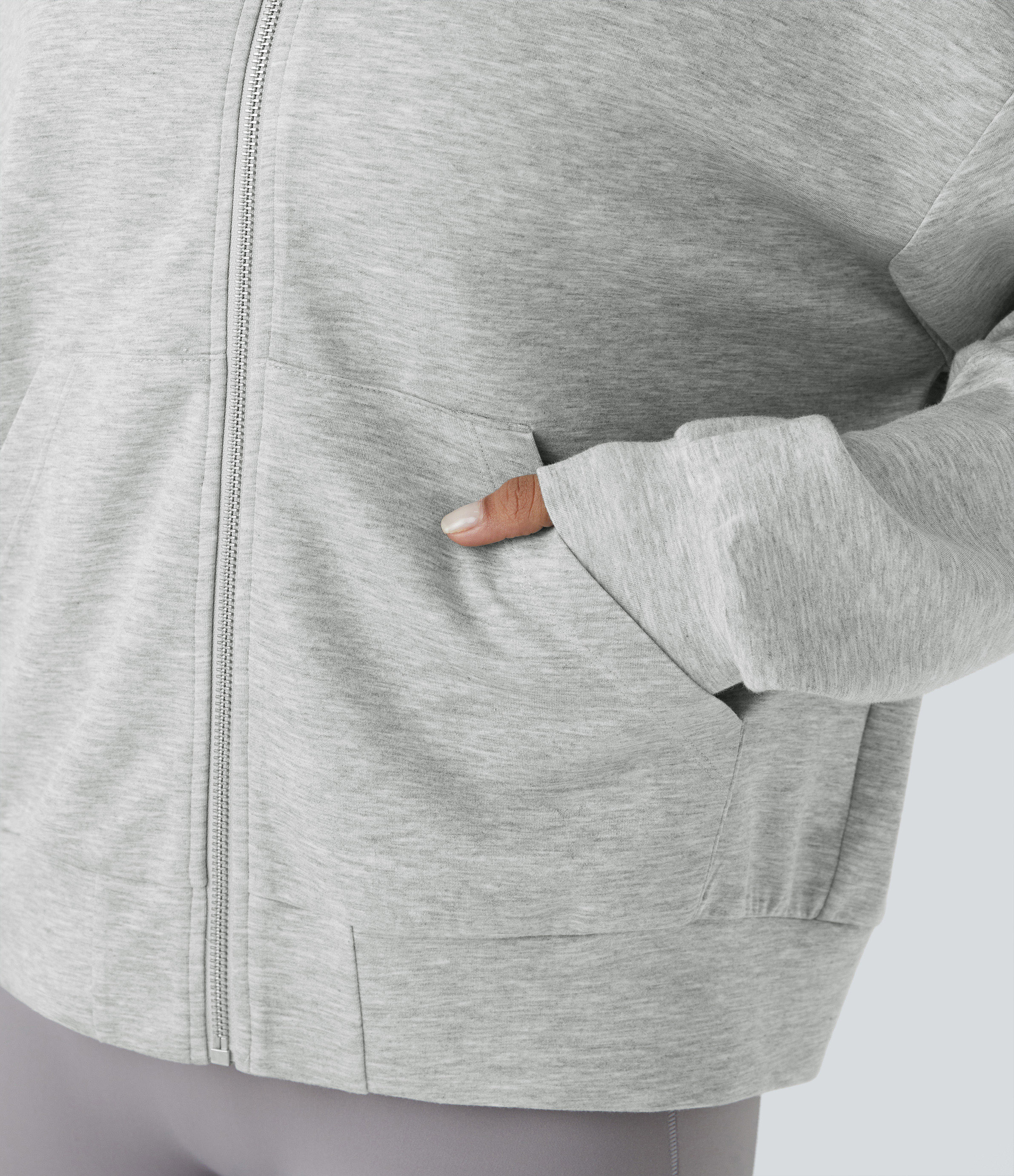 Halara Hooded Dropped Shoulder Long Sleeve Kangaroo Pocket Zipper Relaxed Yoga Sweatshirt  - Fog Gray - S 