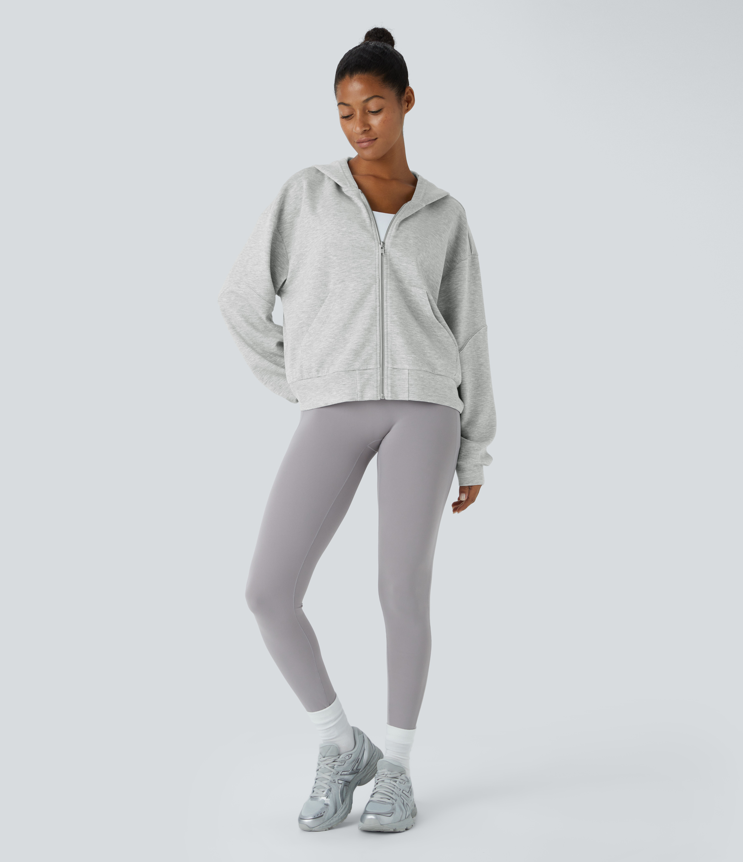 Halara Hooded Dropped Shoulder Long Sleeve Kangaroo Pocket Zipper Relaxed Yoga Sweatshirt  - Fog Gray - S 