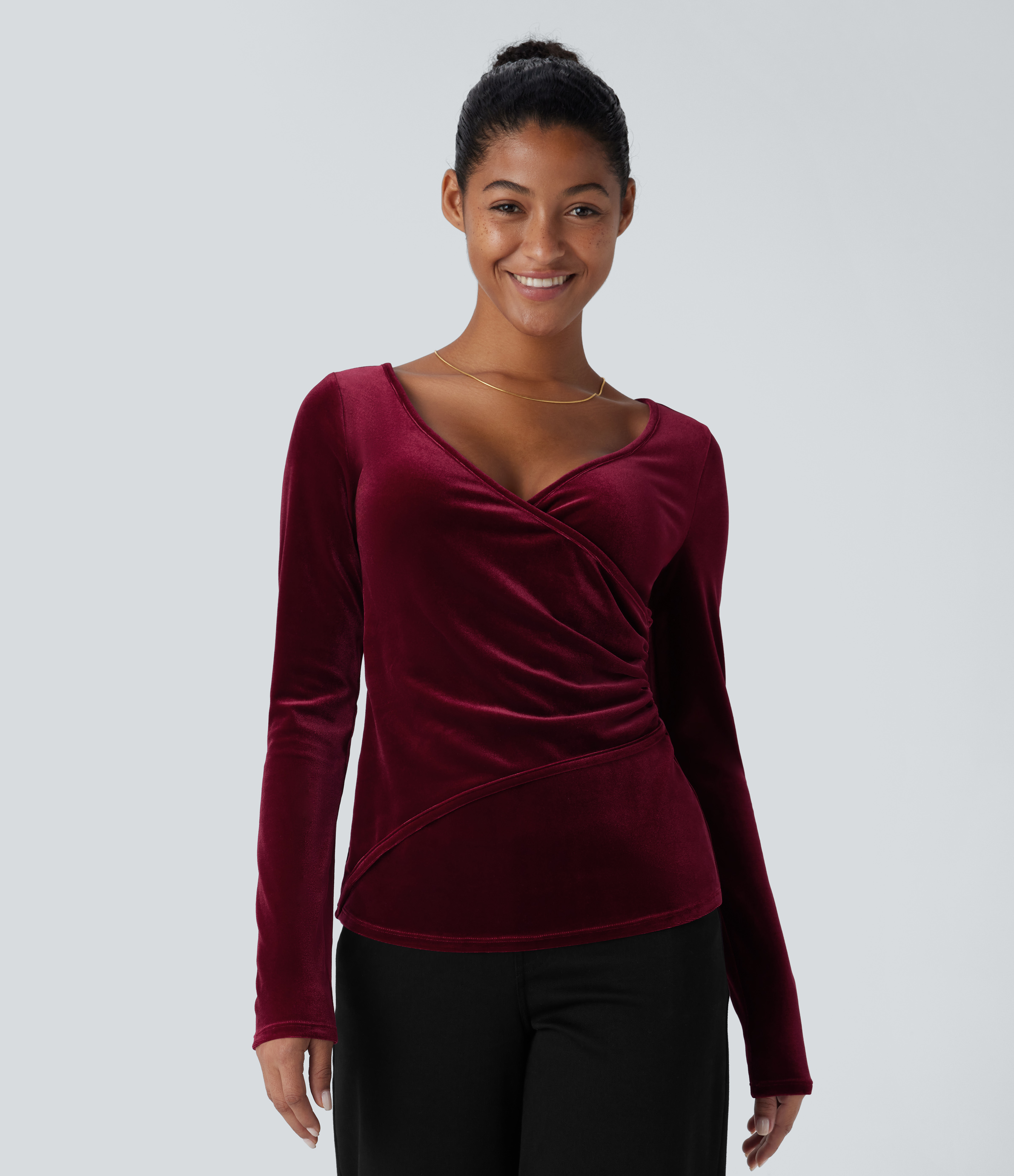 Halara V Neck Long Sleeve Ruched Velvet Casual Top Tank Top - Sangria - XL golf tops halter top tunic tops sleeveless tops backless top 