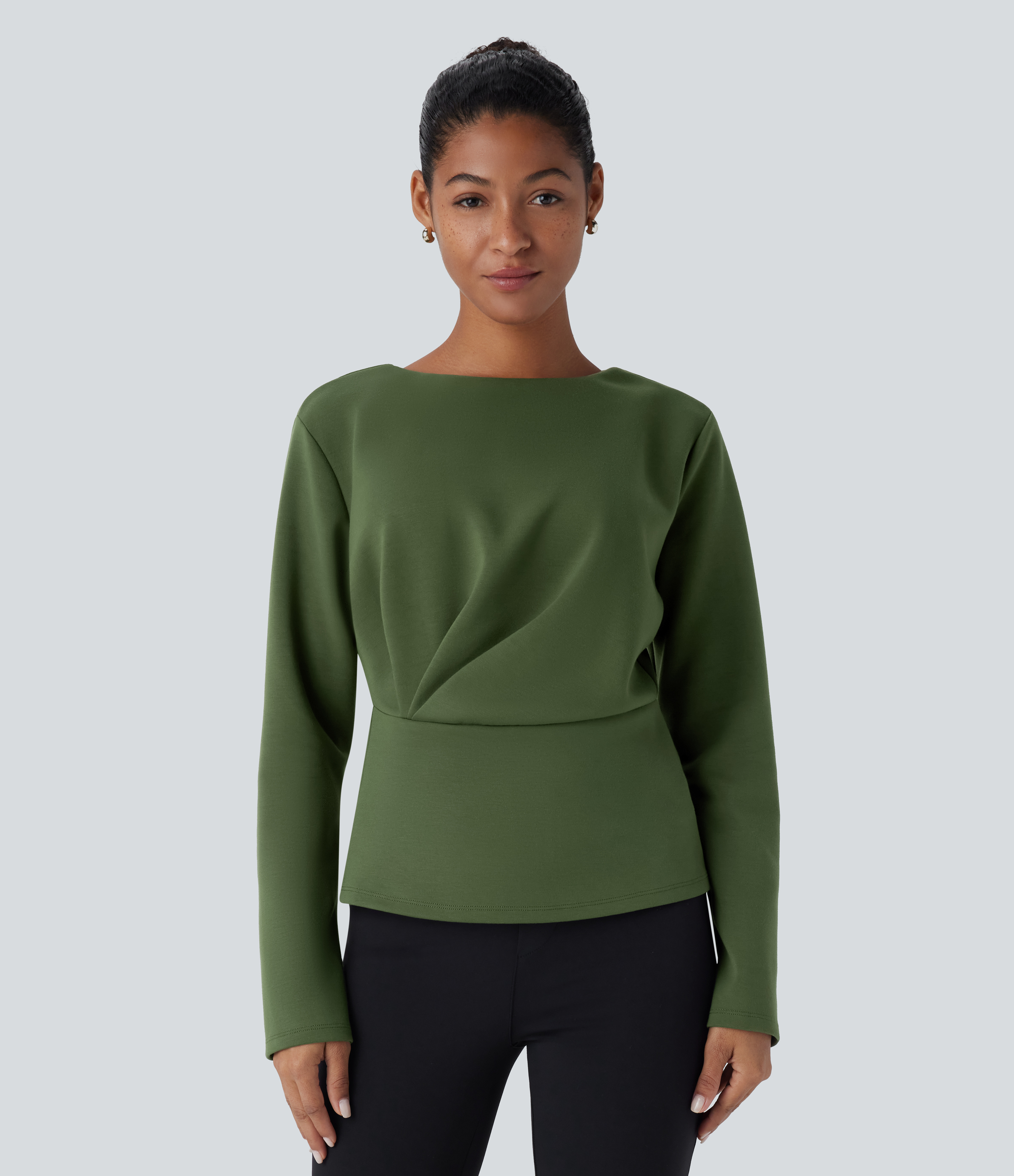 Halara Round Neck Long Sleeve Plicated Relaxed Work Top Tank Top - Bronze Green - M golf tops halter top tunic tops sleeveless tops 