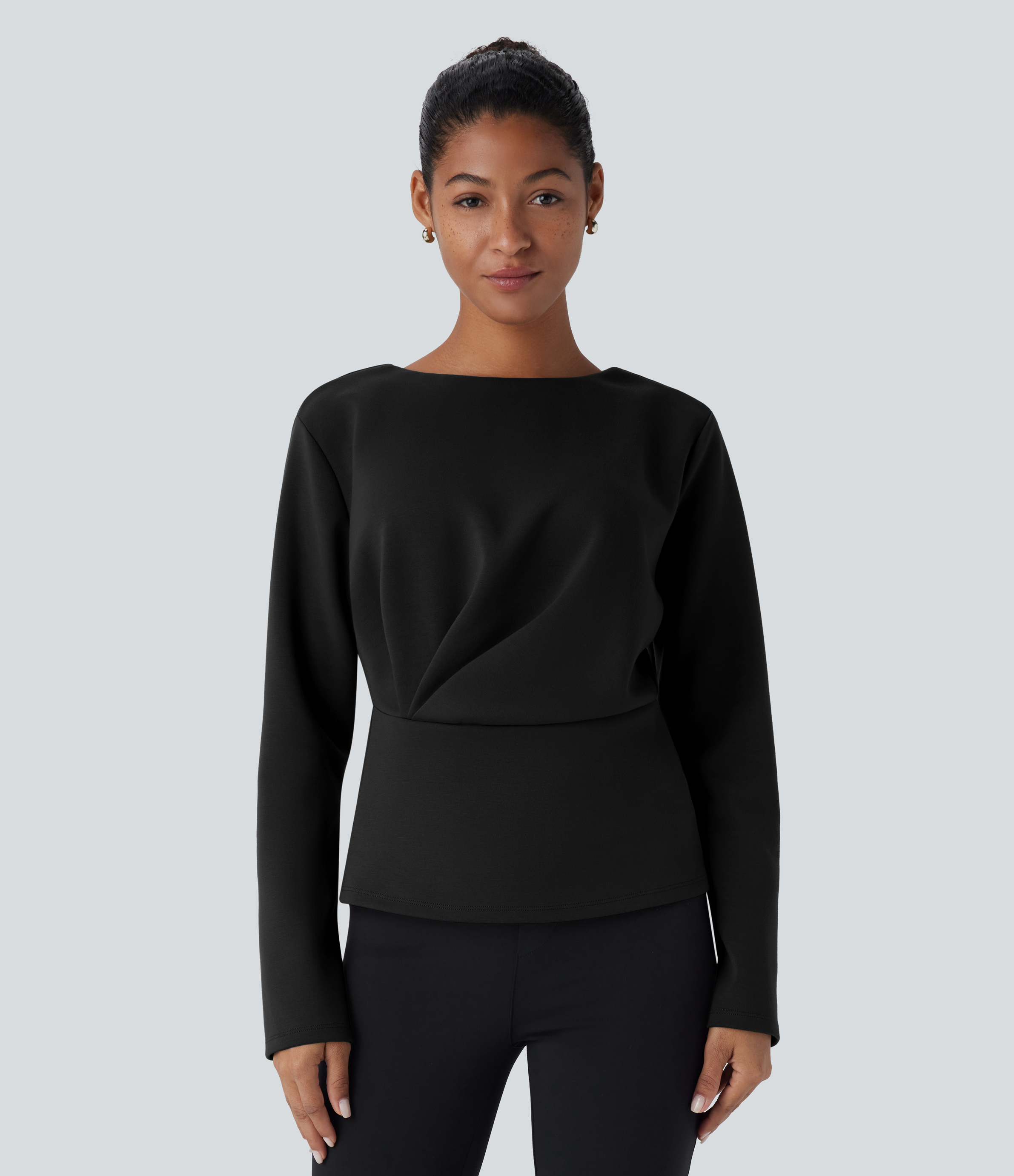 Halara Round Neck Long Sleeve Plicated Relaxed Work Top Tank Top - Black - XS golf tops halter top tunic tops sleeveless tops backless top 