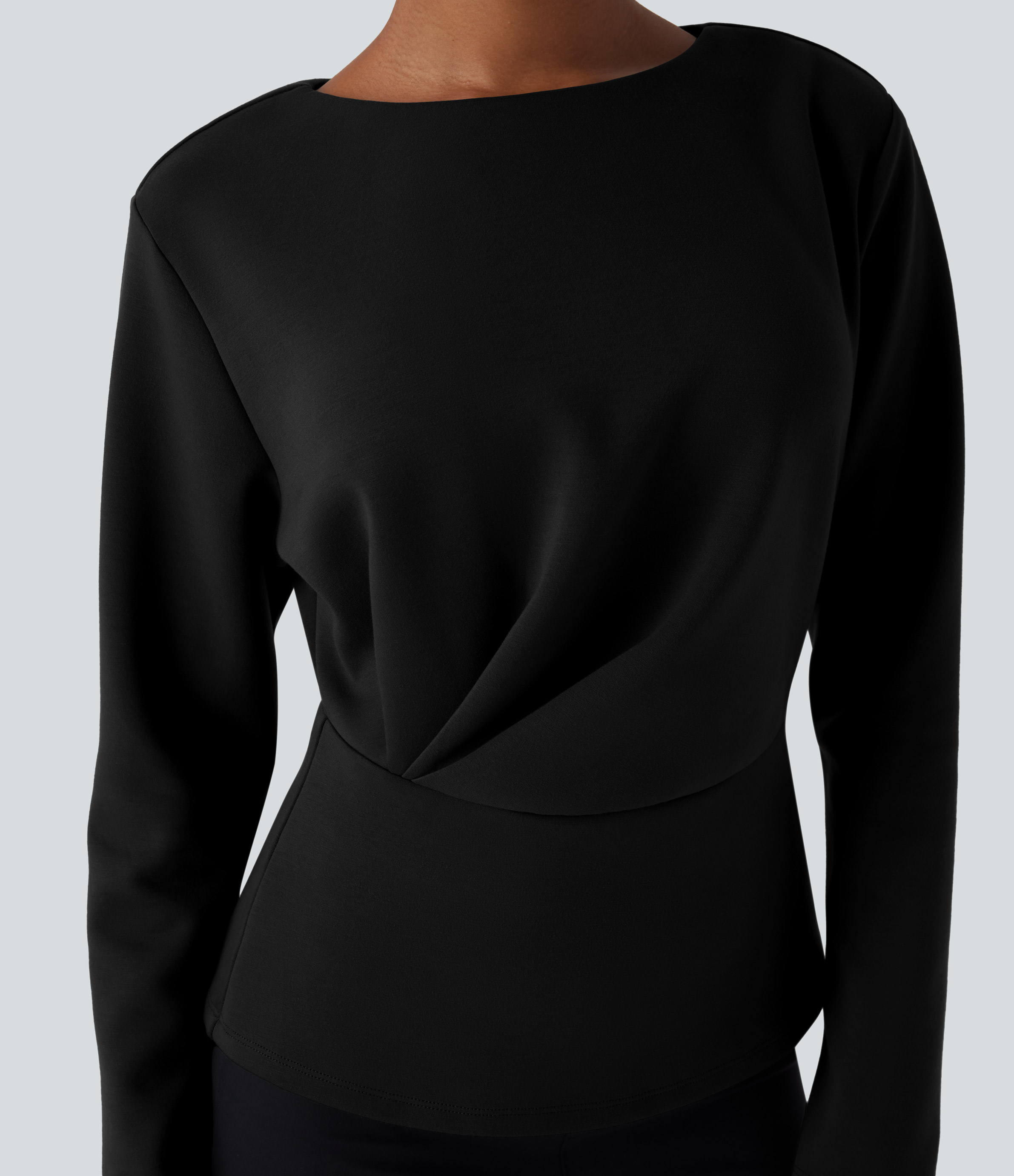 Halara Round Neck Long Sleeve Plicated Relaxed Work Top Tank Top - Black - XS golf tops halter top tunic tops sleeveless tops backless top 