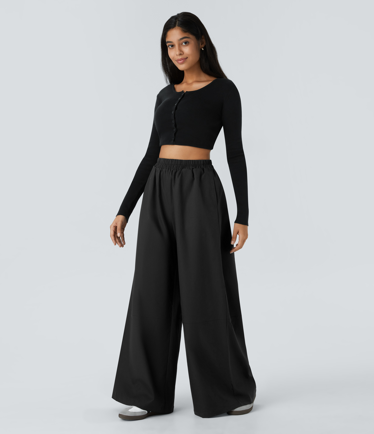 Halara Water Repellent Wear-Resistant High Waisted Side Pocket Wide Leg Mop Casual Pants  - Black - M(regular) sweatpants jogger pants 