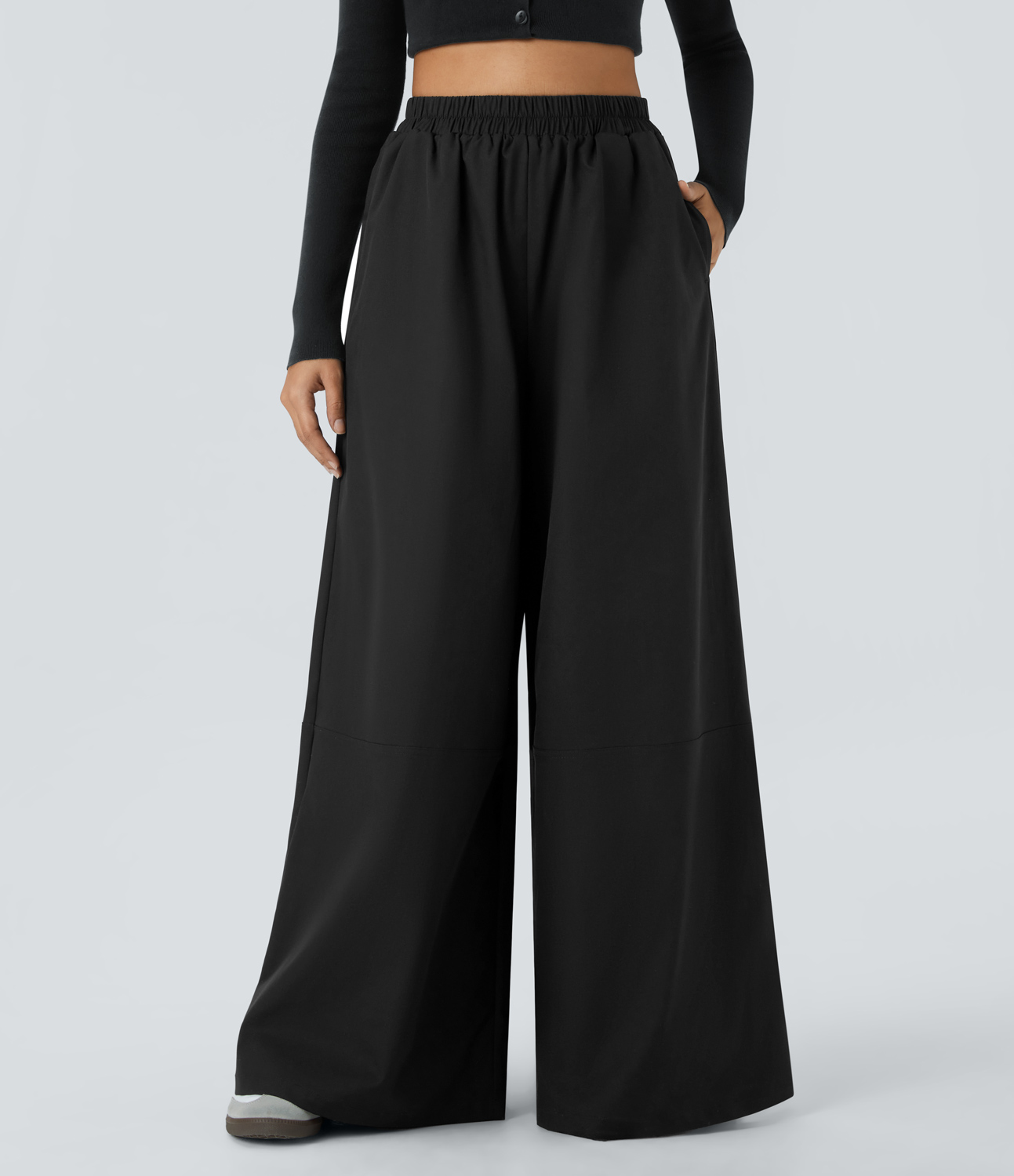 Halara Water Repellent Wear-Resistant High Waisted Side Pocket Wide Leg Mop Casual Pants  - Black - M(regular) sweatpants jogger pants 