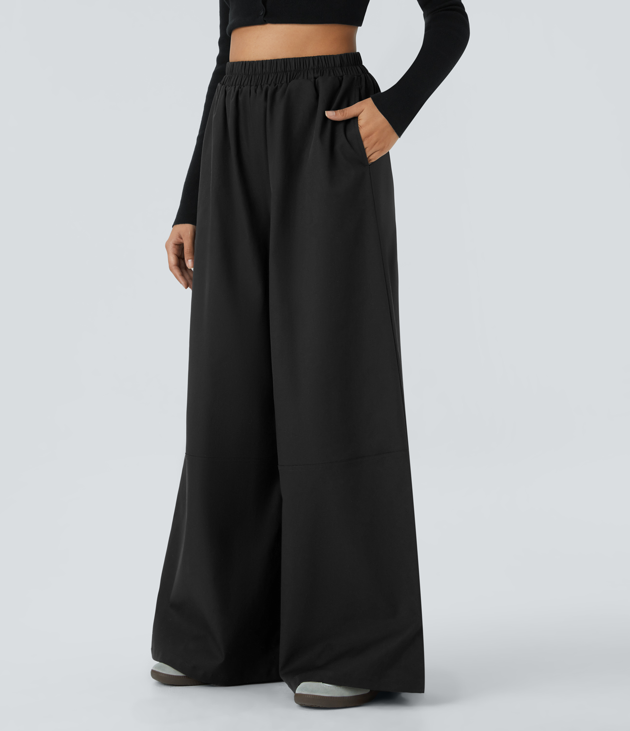 Halara Water Repellent Wear-Resistant High Waisted Side Pocket Wide Leg Mop Casual Pants  - Black - M(regular) sweatpants jogger pants 