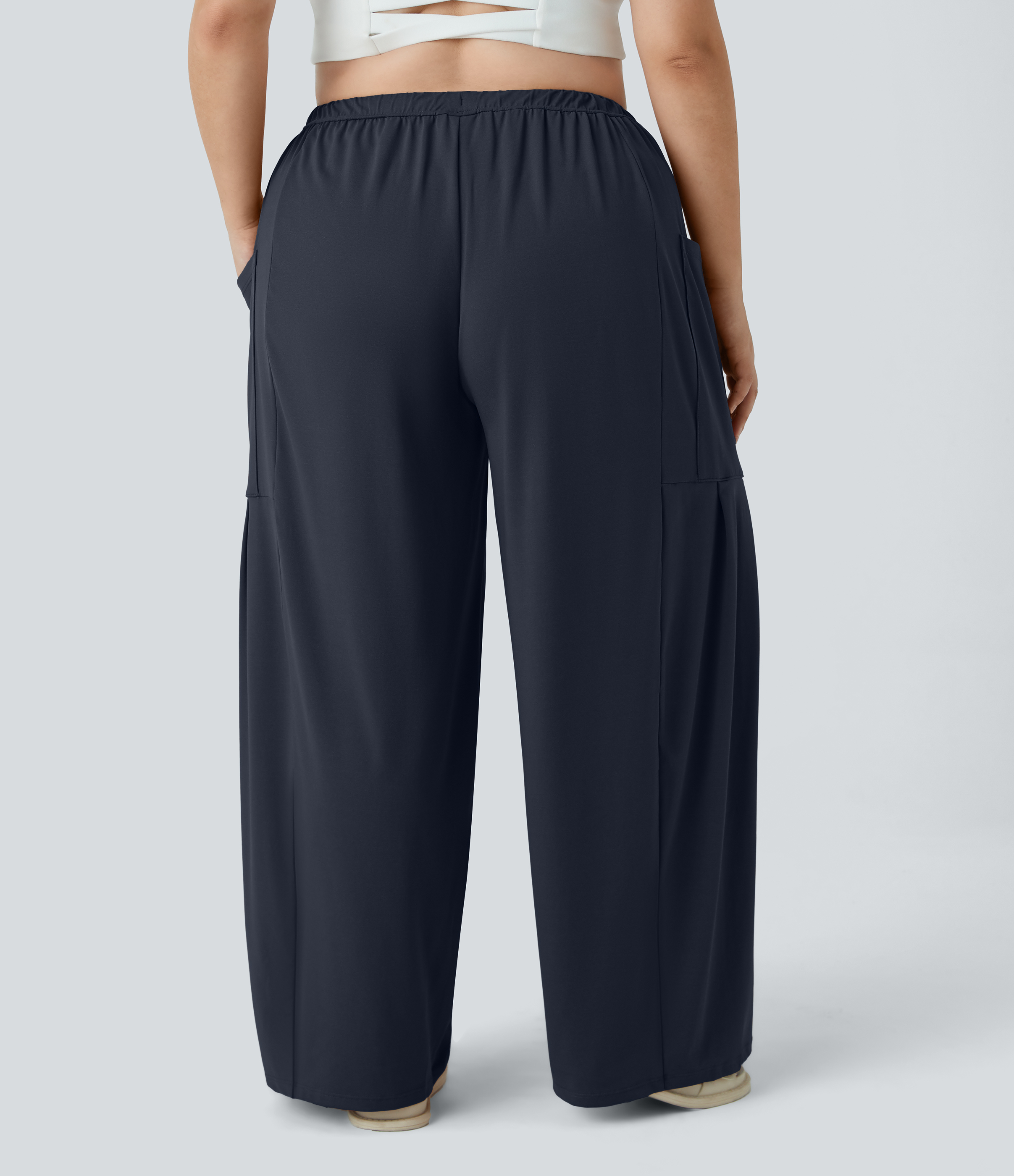 Halara Mid Rise Elastic Waistband Drawstring Side Pocket Palazzo Flowy Wide Leg Casual Plus Size Pants  - Dark Sapphire - 3X(regular) 