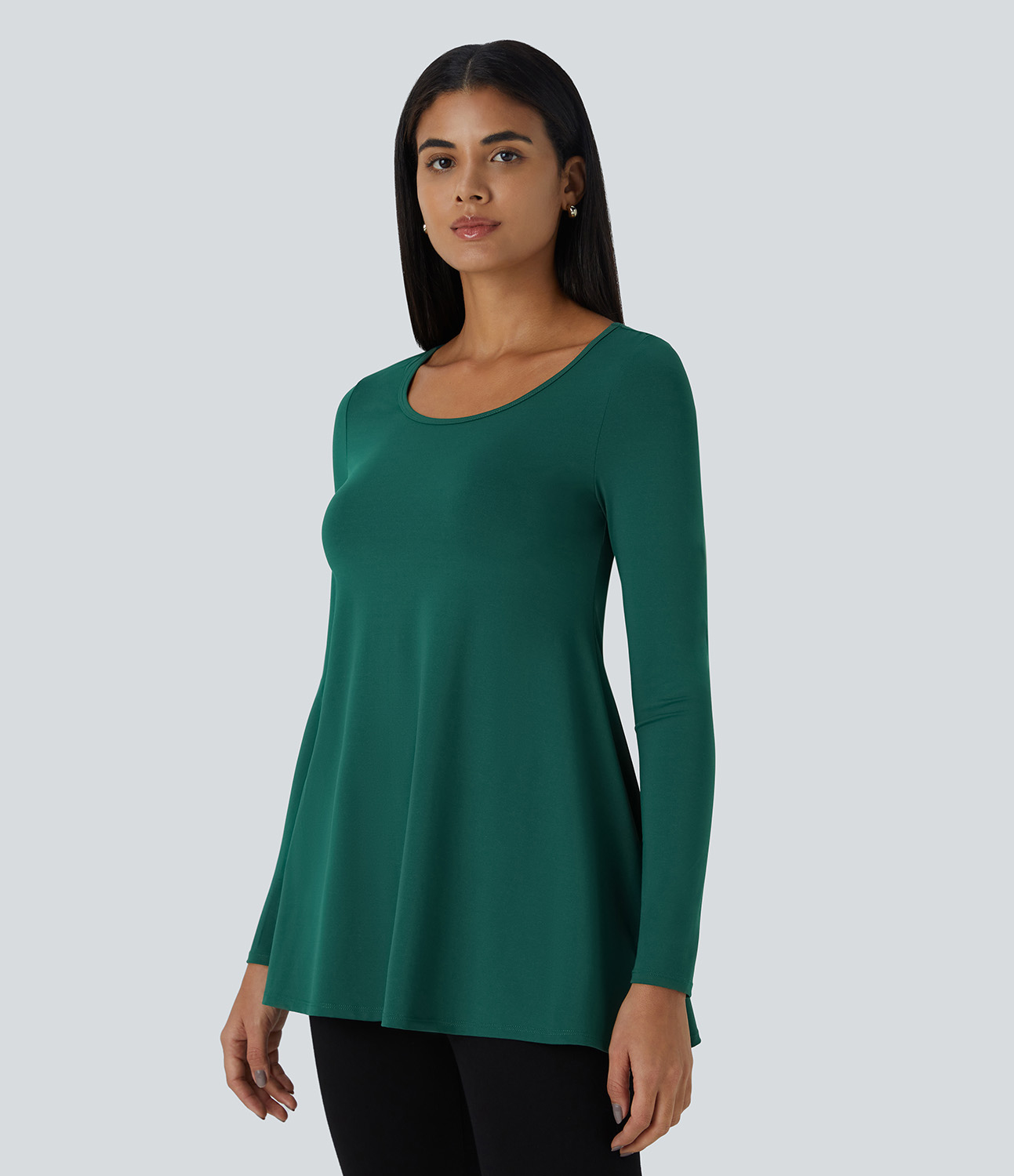 Halara Round Neck Long Sleeve Casual Tunic Top Tank Top - Rain Forest - L golf tops halter top tunic tops sleeveless tops backless top 