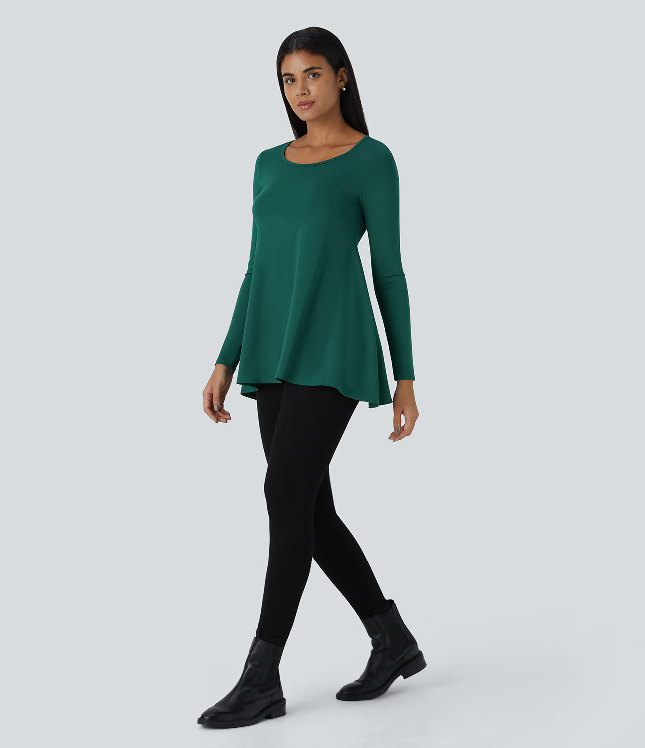 Halara Round Neck Long Sleeve Casual Tunic Top Tank Top - Rain Forest - L golf tops halter top tunic tops sleeveless tops backless top 