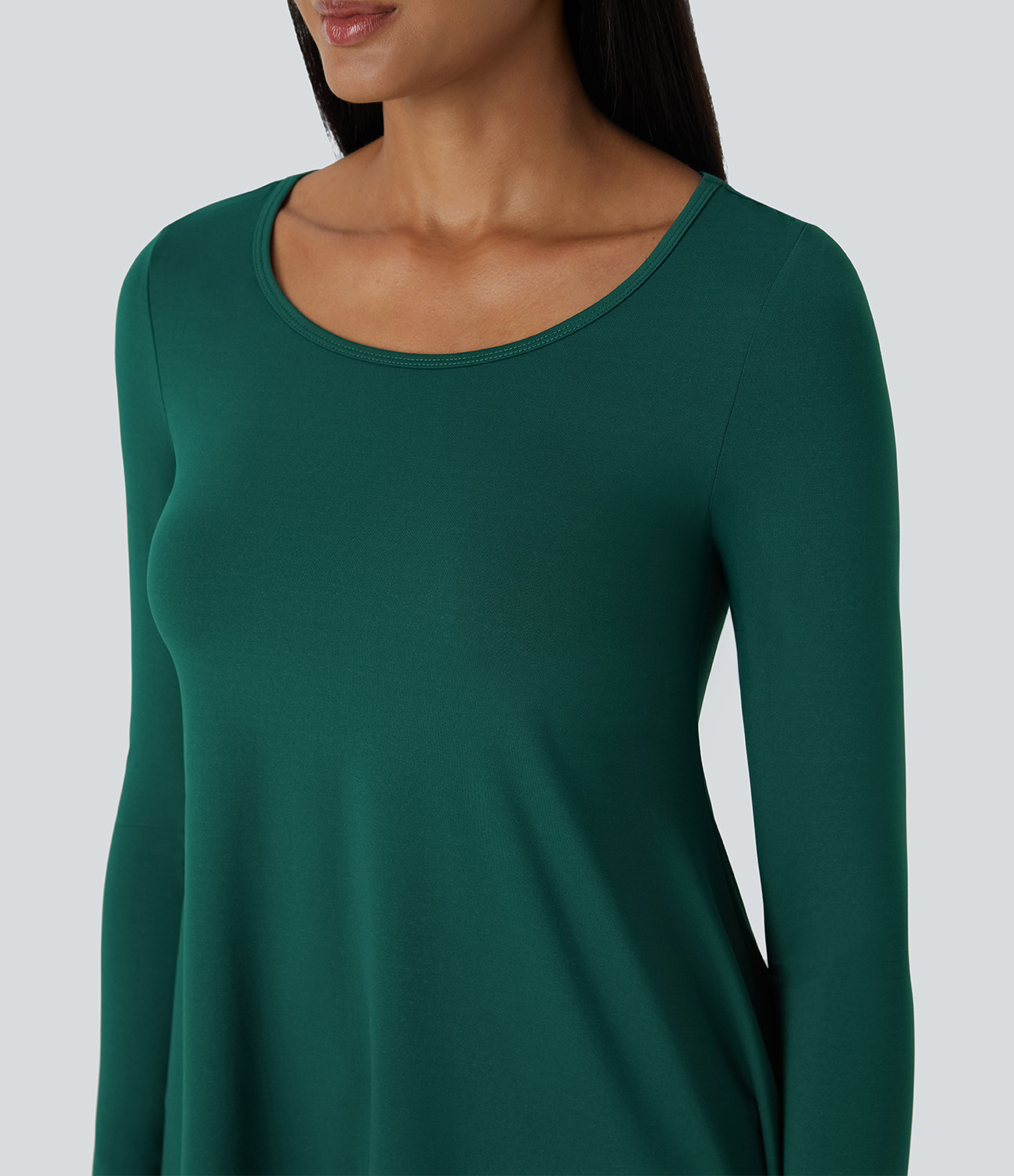 Halara Round Neck Long Sleeve Casual Tunic Top Tank Top - Rain Forest - L golf tops halter top tunic tops sleeveless tops backless top 