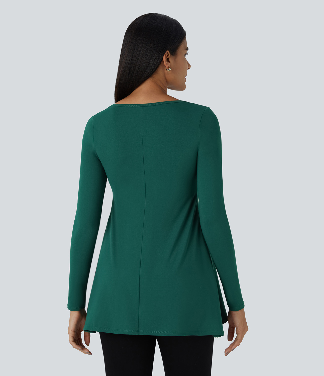 Halara Round Neck Long Sleeve Casual Tunic Top Tank Top - Rain Forest - L golf tops halter top tunic tops sleeveless tops backless top 