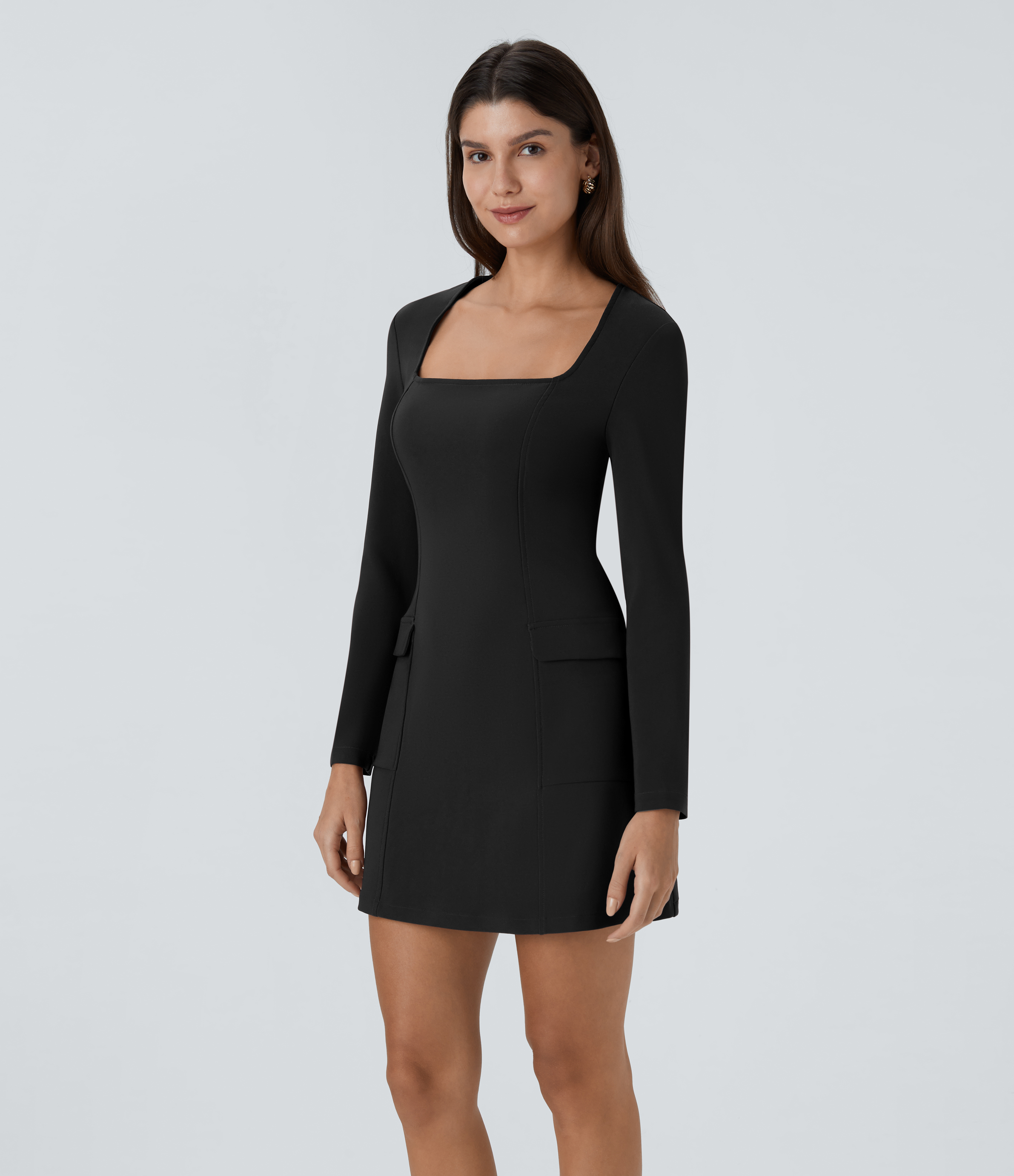 Halara Square Neck Long Sleeve Invisible Zipper Flap Pocket Slim Mini Casual Dress Casual Dress - Black - M slip dress beach dress 