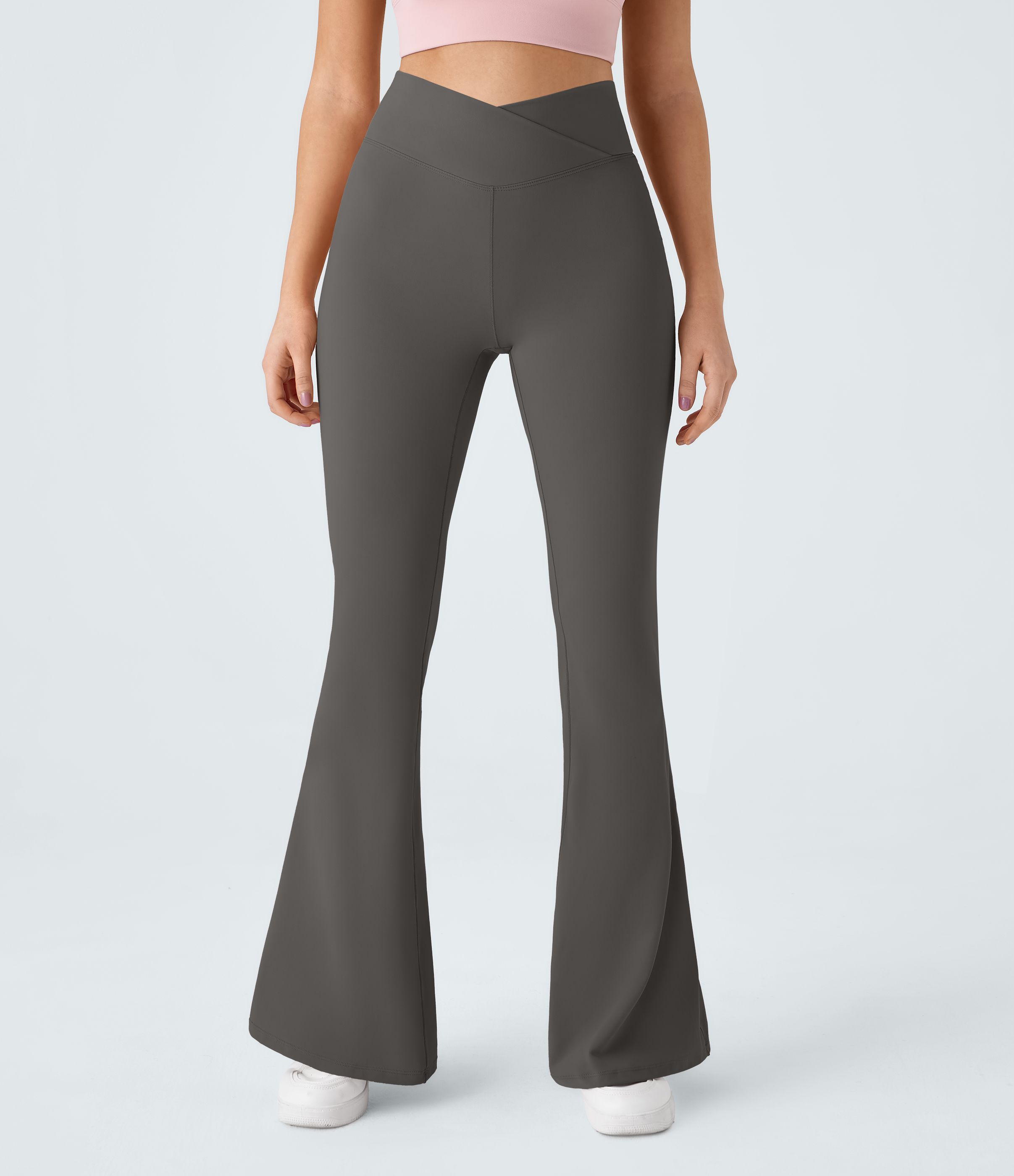 Halara Crossover High Waisted Back Pocket Super Flare Leggings  - Brushed Nickel - XS(petite) gym leggings leggings with pockets 