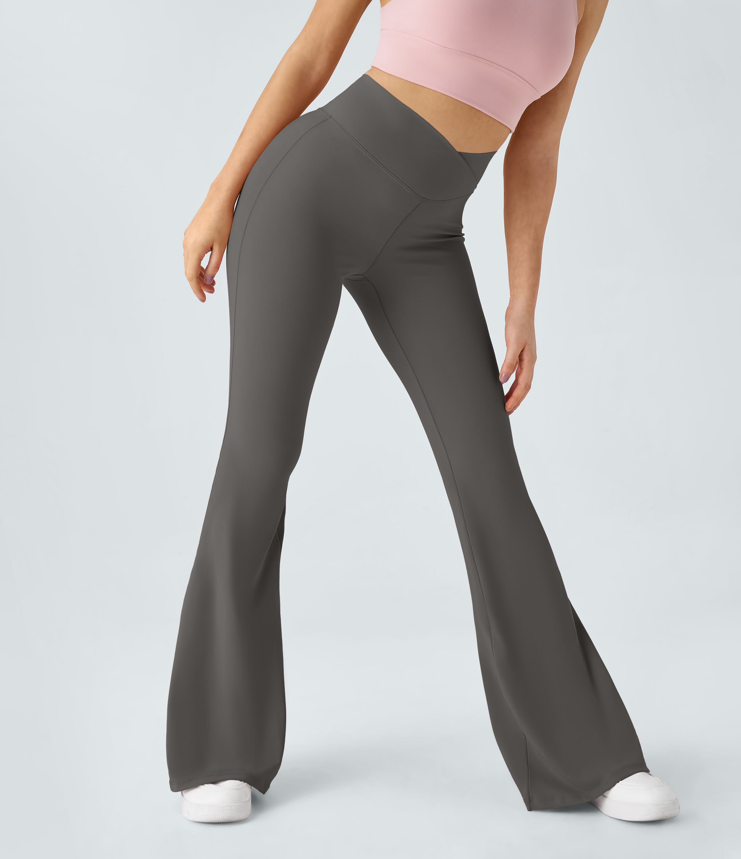 Halara Crossover High Waisted Back Pocket Super Flare Leggings  - Brushed Nickel - XS(petite) gym leggings leggings with pockets 