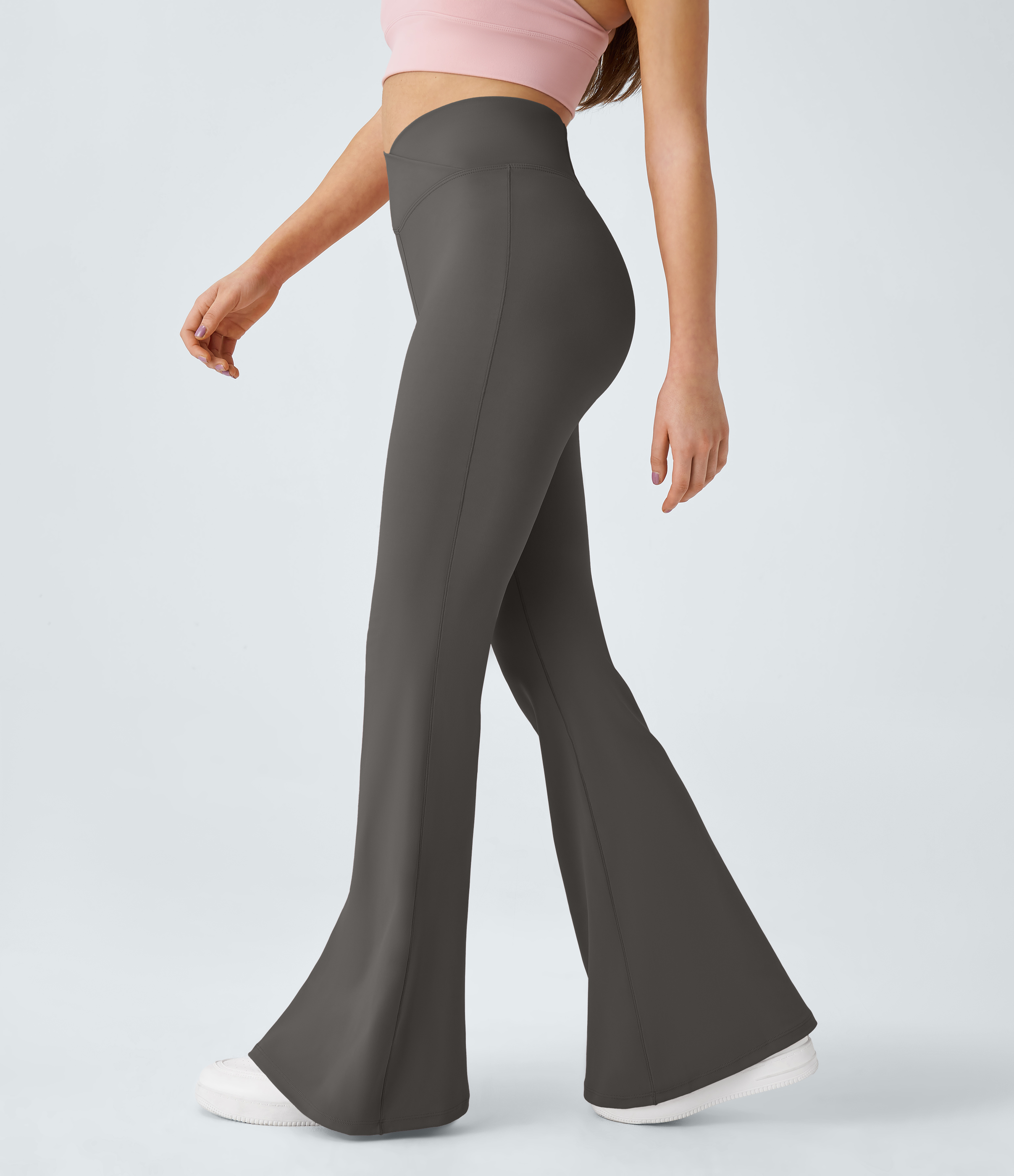 Halara Crossover High Waisted Back Pocket Super Flare Leggings  - Brushed Nickel - XS(petite) gym leggings leggings with pockets 