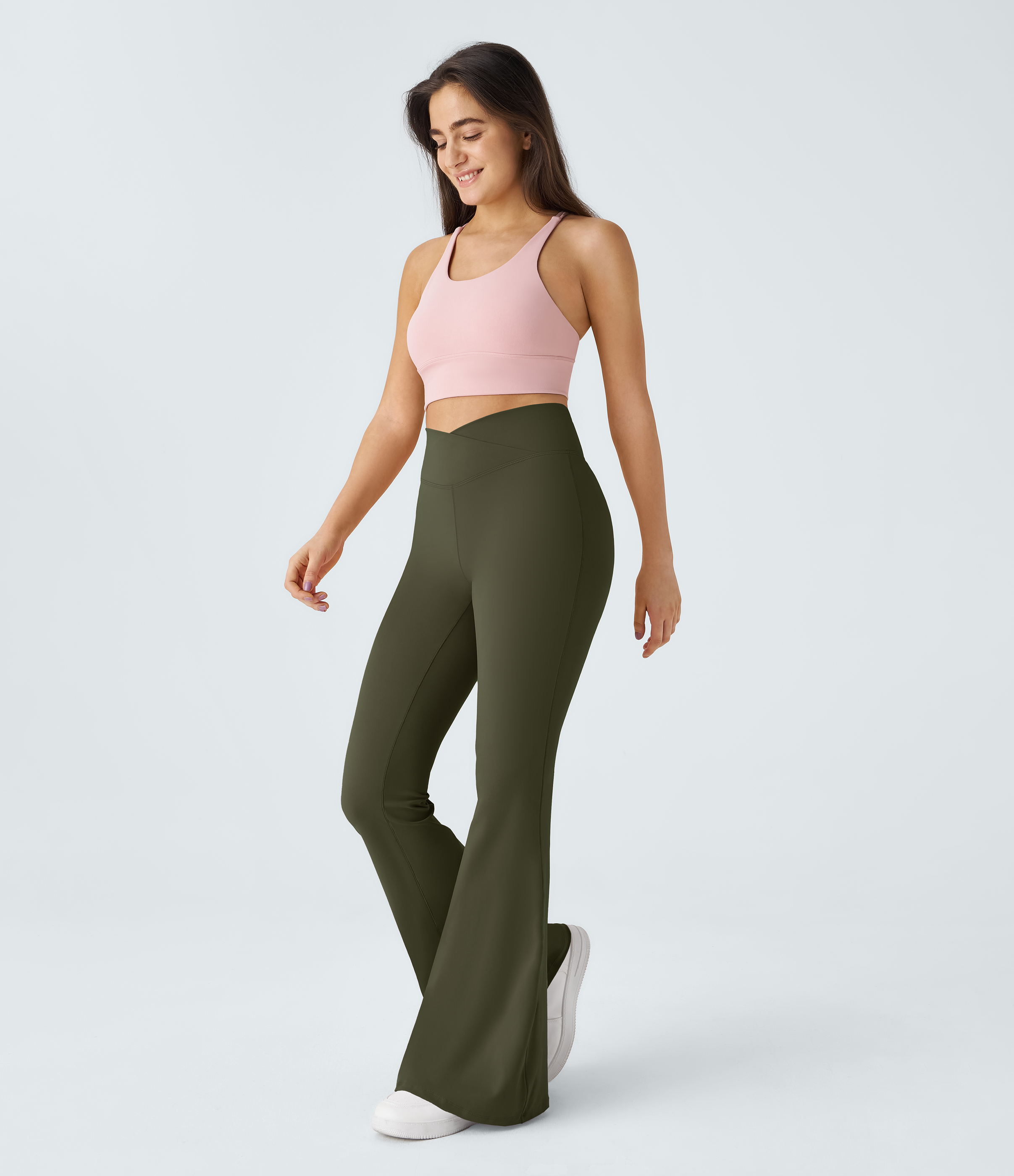 Halara Crossover High Waisted Back Pocket Super Flare Leggings  - Ivy Green - L(petite) gym leggings leggings with pockets 