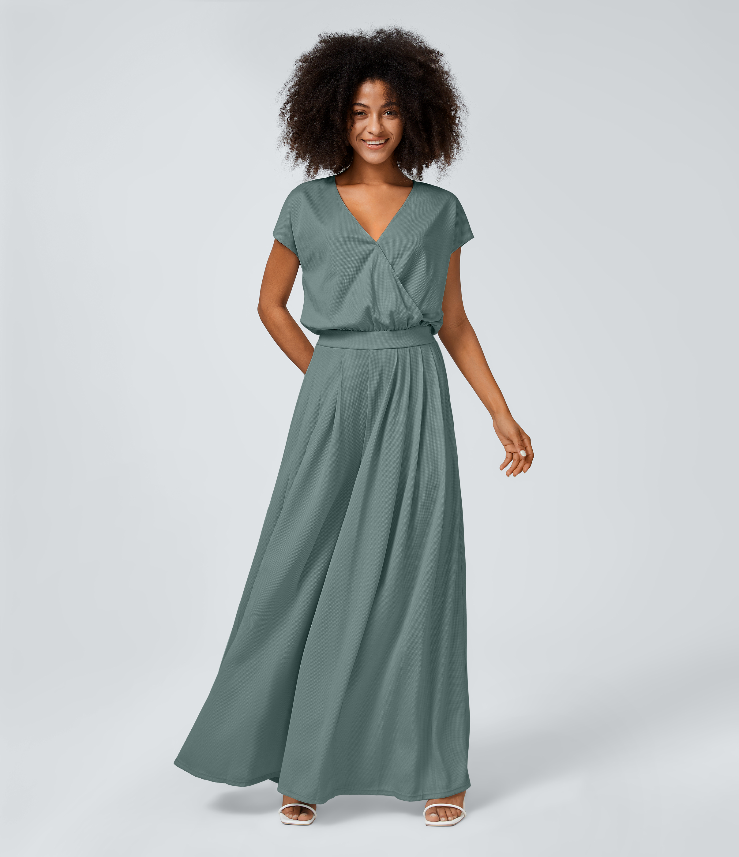 V Neck Short Sleeve Side Pocket Wide Leg Flowy Waffle Casual Jumpsuit