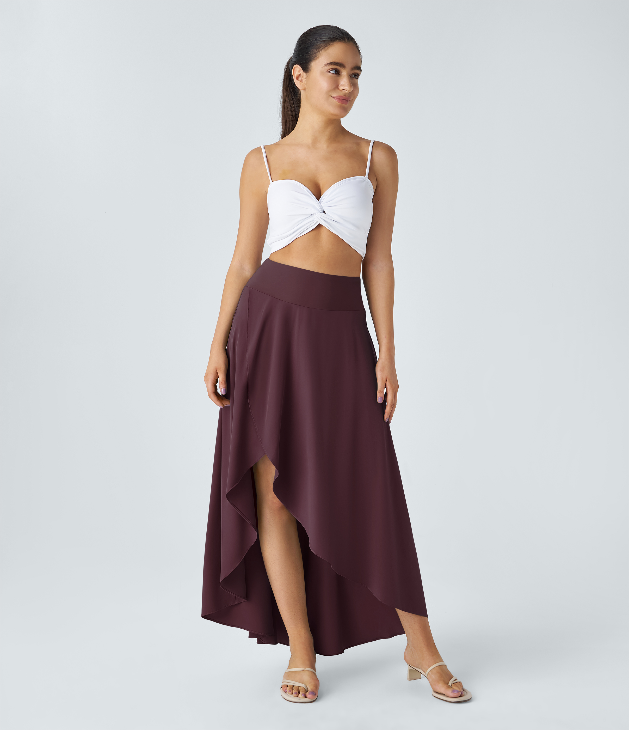 Halara Breezefulв„ў High Waisted High Low Ruffle 2-in-1 Flowy Quick Dry Casual Regular Maxi Skirt  - Deep Crimson - S(regular) 