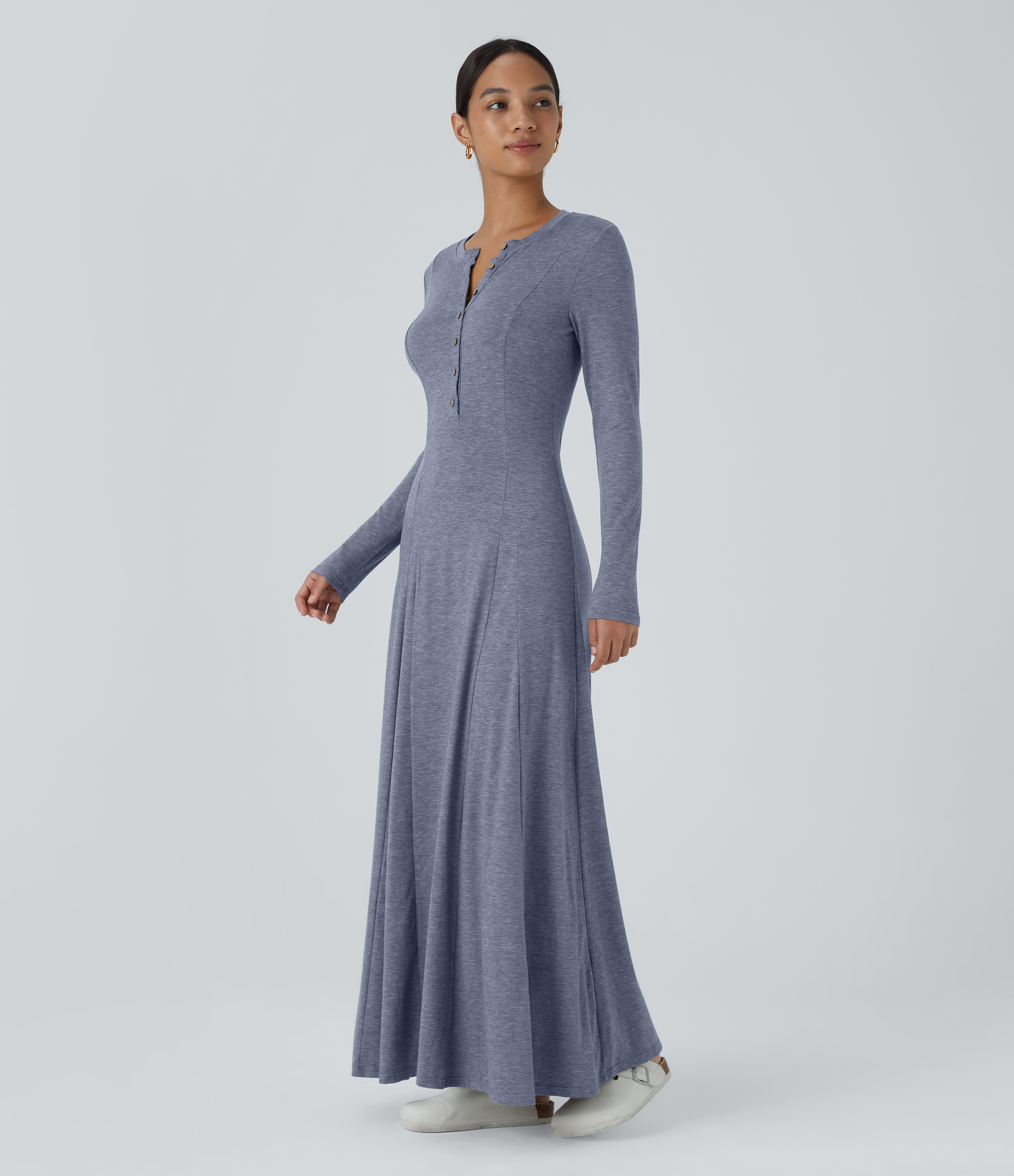 Halara Round Neck Button Long Sleeve Flare Maxi Casual Dress Casual Dress - Mottled Indigo - S slip dress beach dress ruched dress 