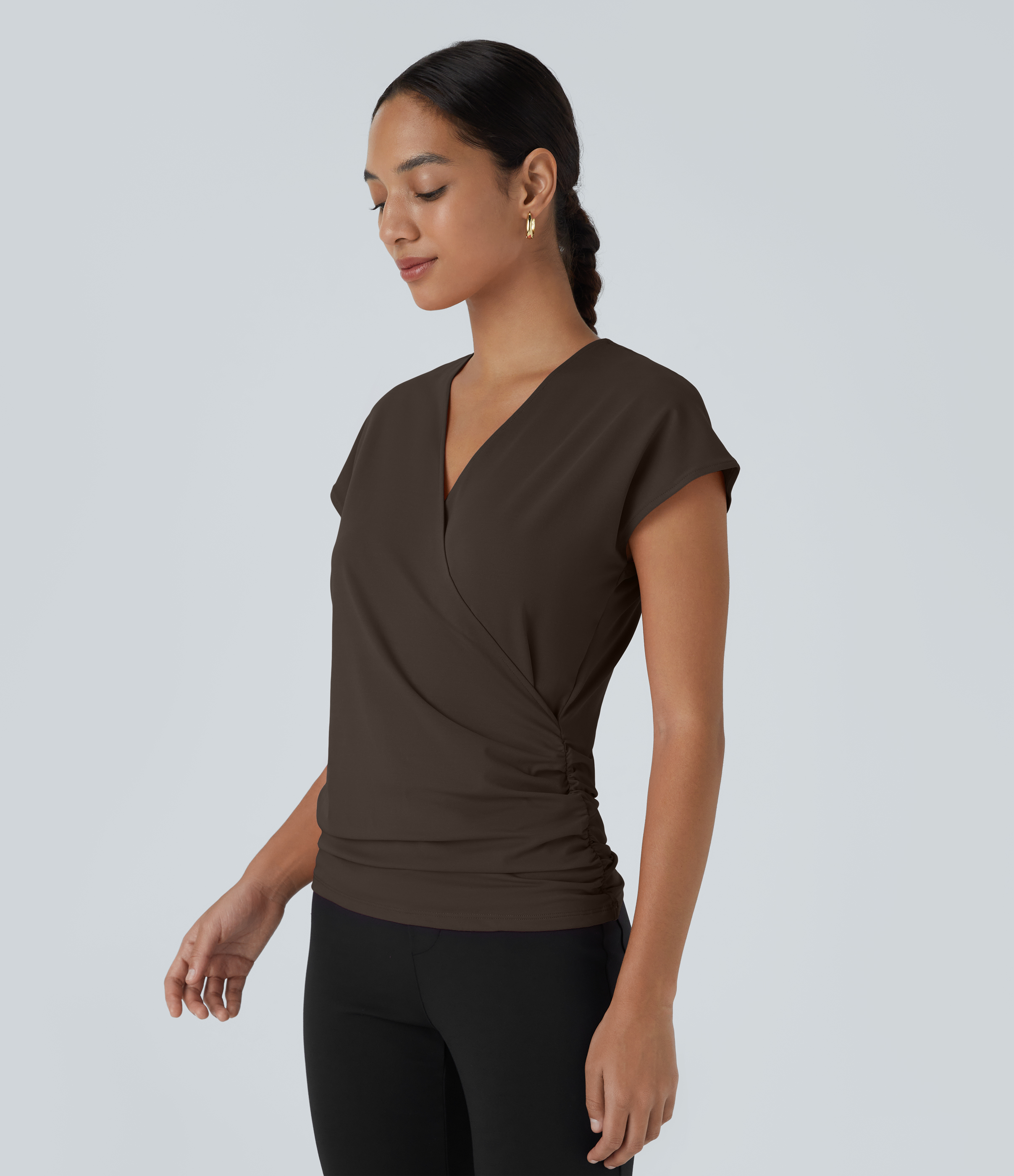 Halara V Neck Cap Sleeve Crossover Ruched Solid Work Blouse  - Delicioso - L 