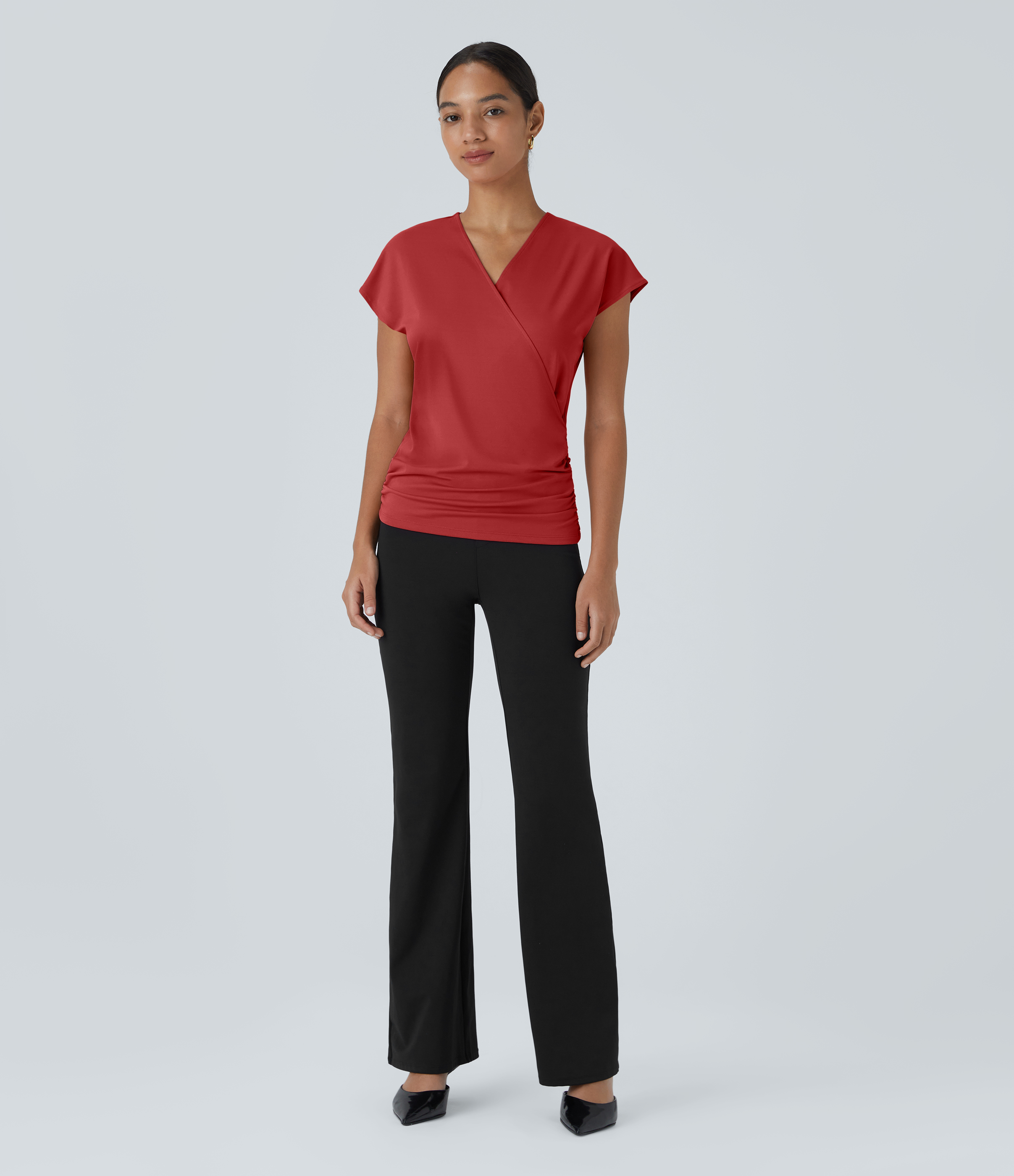 Halara V Neck Cap Sleeve Crossover Ruched Solid Work Blouse  - Emboldened - S 