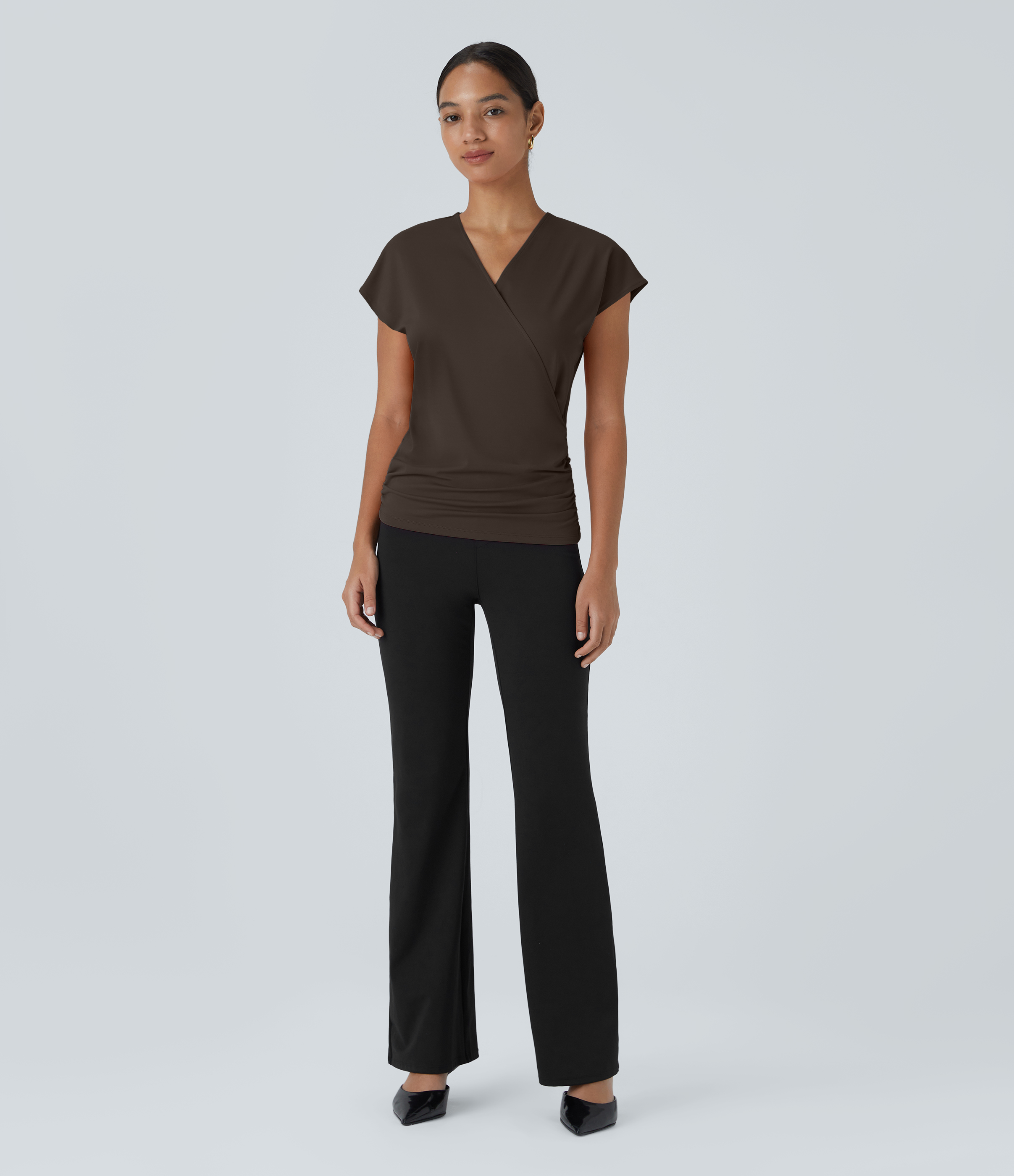Halara V Neck Cap Sleeve Crossover Ruched Solid Work Blouse  - Delicioso - L 