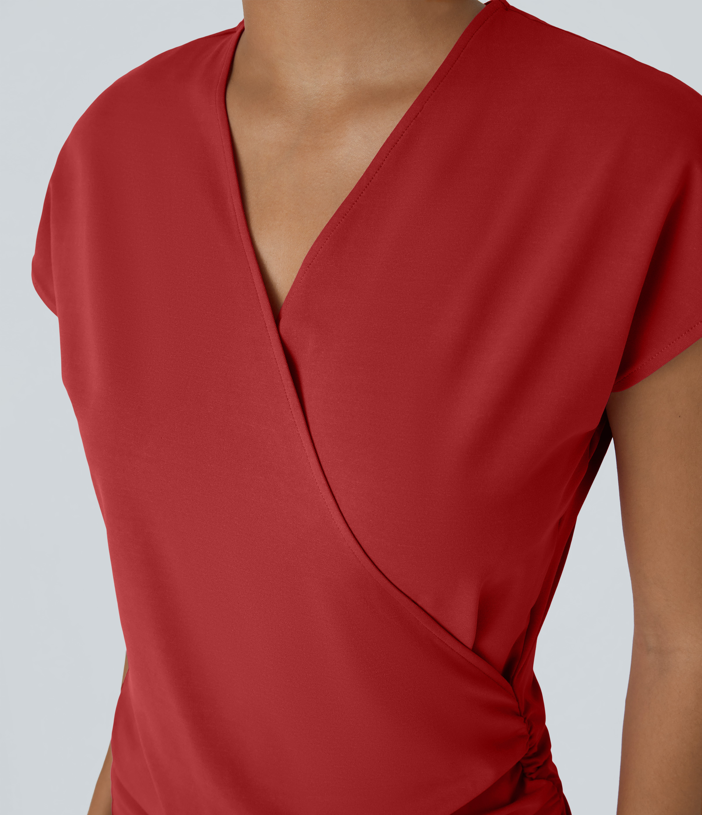 Halara V Neck Cap Sleeve Crossover Ruched Solid Work Blouse  - Emboldened - S 
