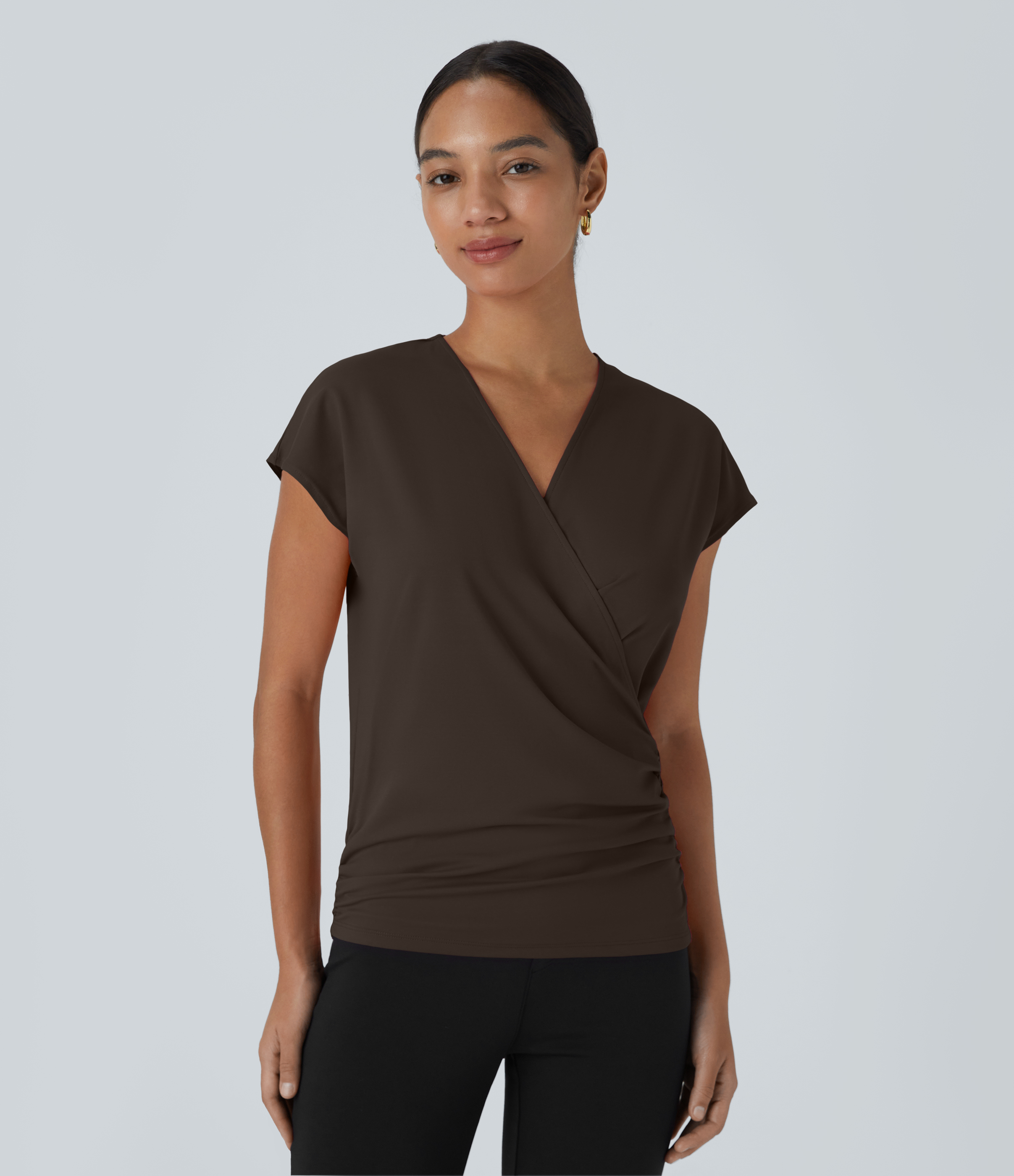 Halara V Neck Cap Sleeve Crossover Ruched Solid Work Blouse  - Delicioso - L 